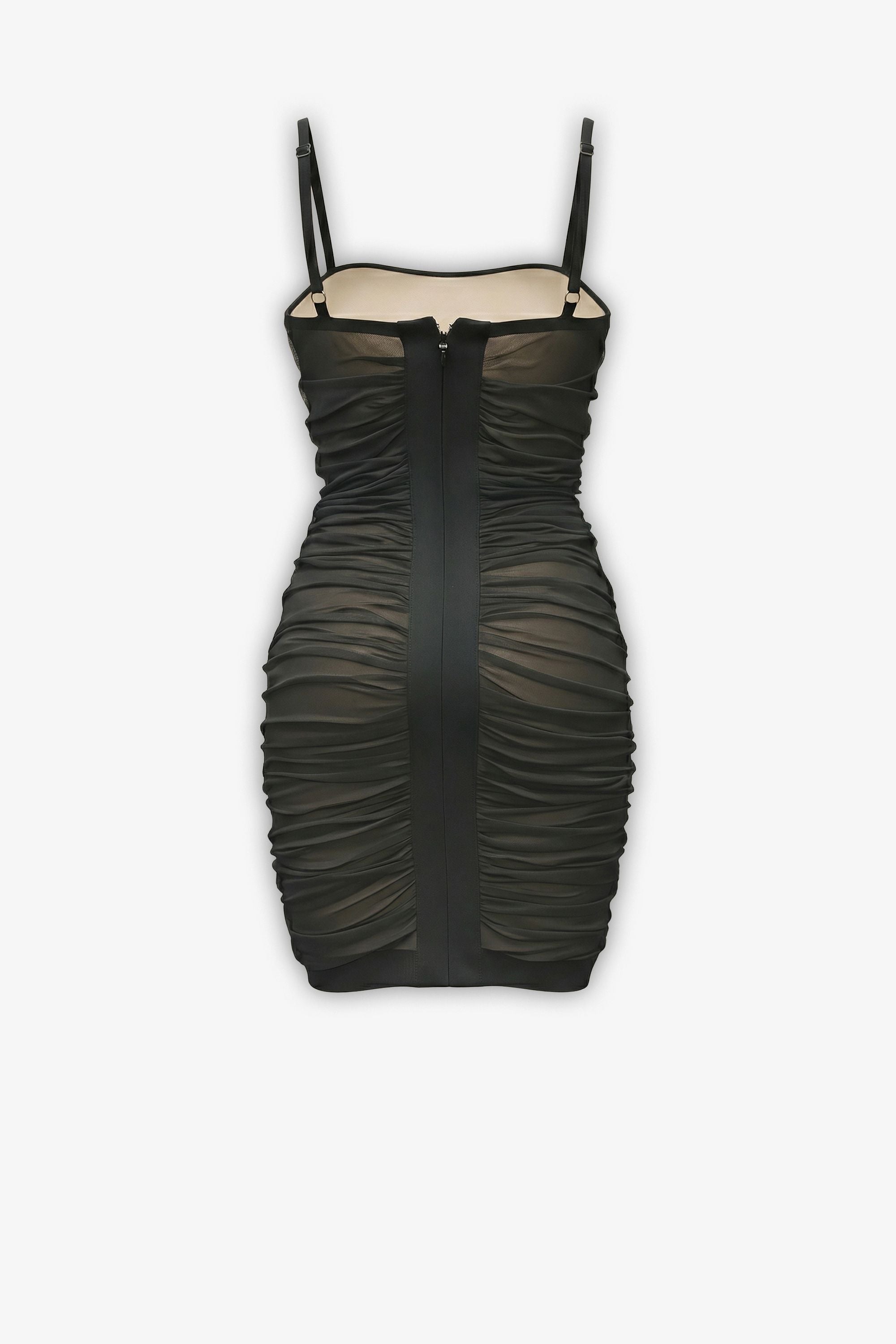 Black Ruched Mesh Spaghetti Strap Bodycon Mini Dress Dress