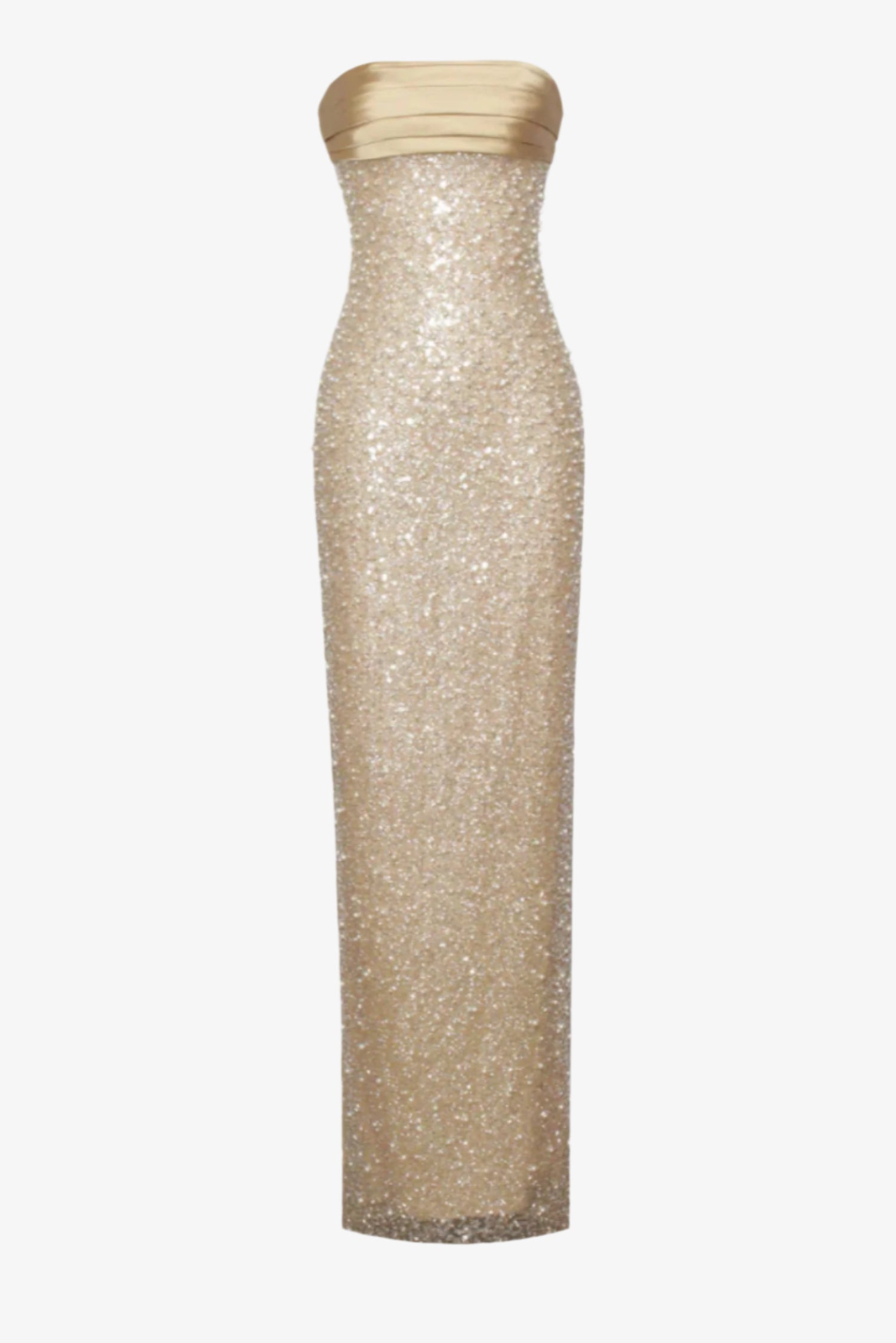 Gold strapless evening gown with sequin detailing on a white background