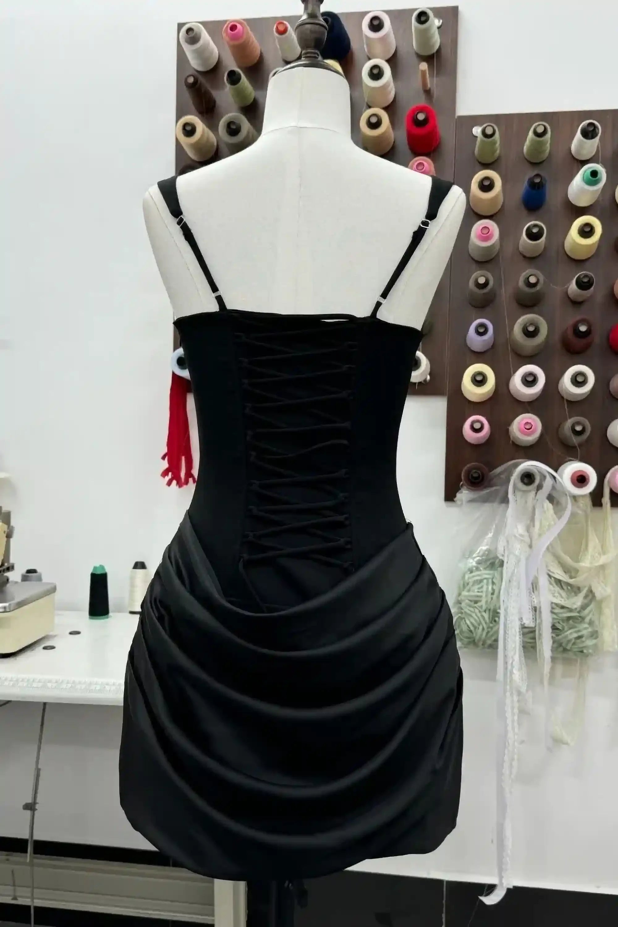 Black Satin Lace-Up Corset Mini Dress with Square Neck Dress