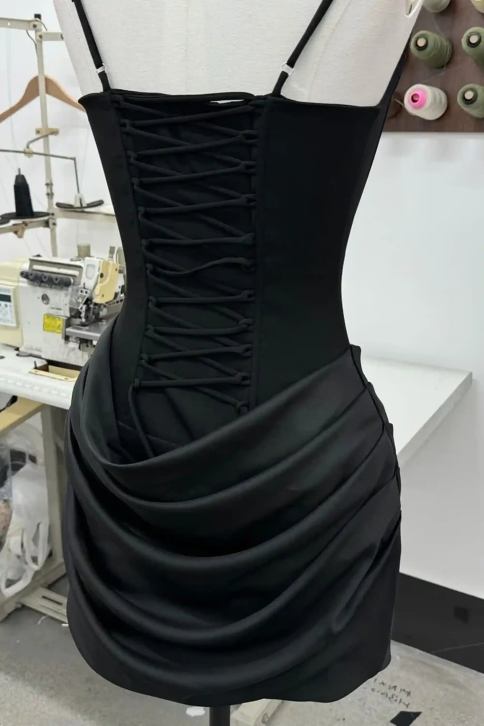 Black Satin Lace-Up Corset Mini Dress with Square Neck Dress