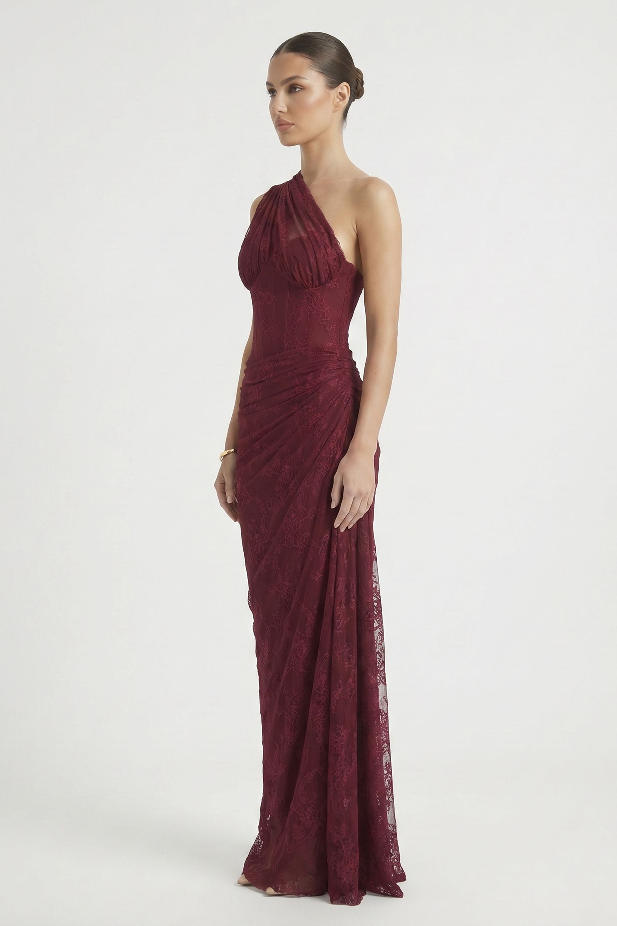Burgundy One Shoulder Lace Maxi Dress - Dress