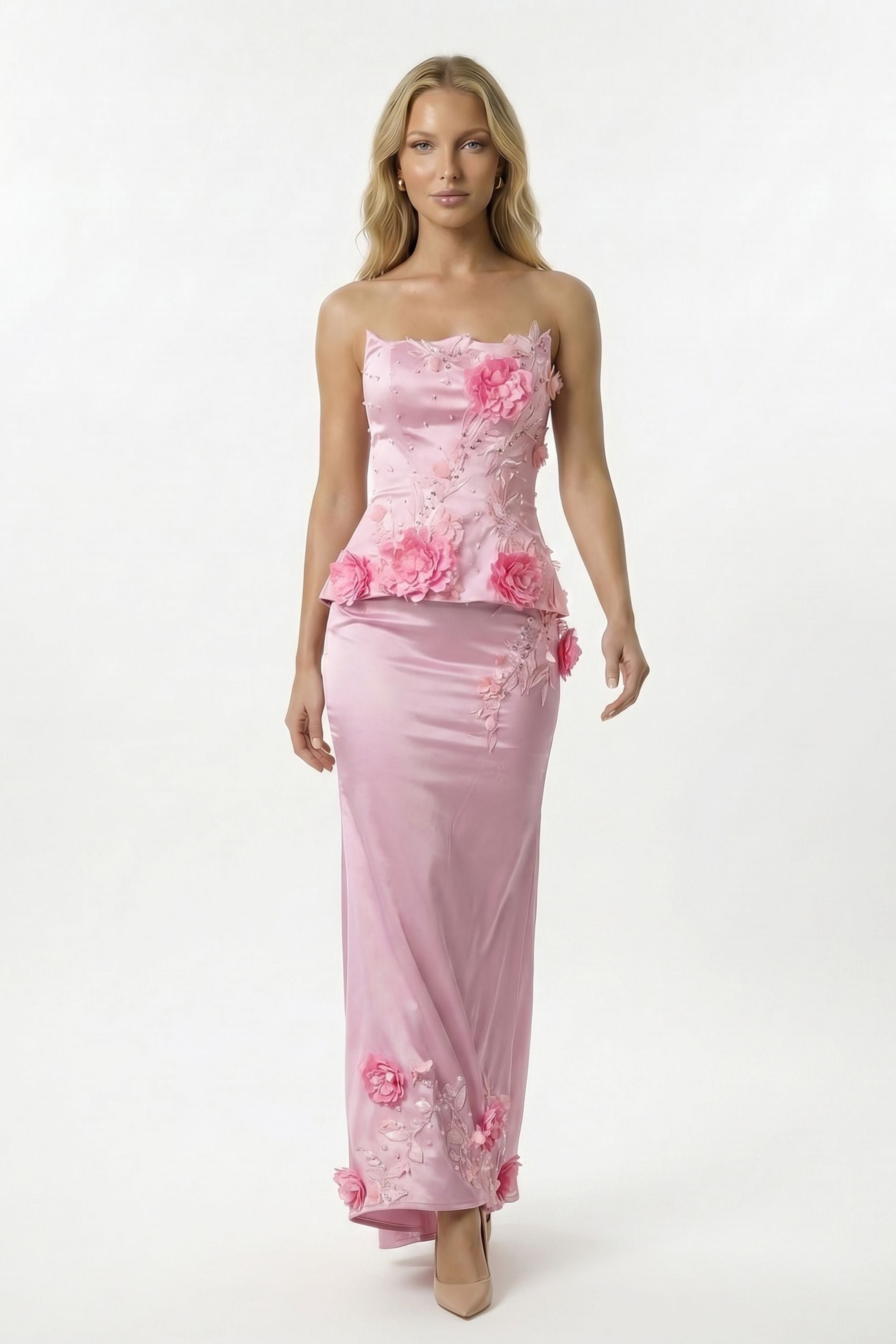 Pink Floral Appliqué Strapless Two Piece Satin Mermaid Maxi Dress - Dress