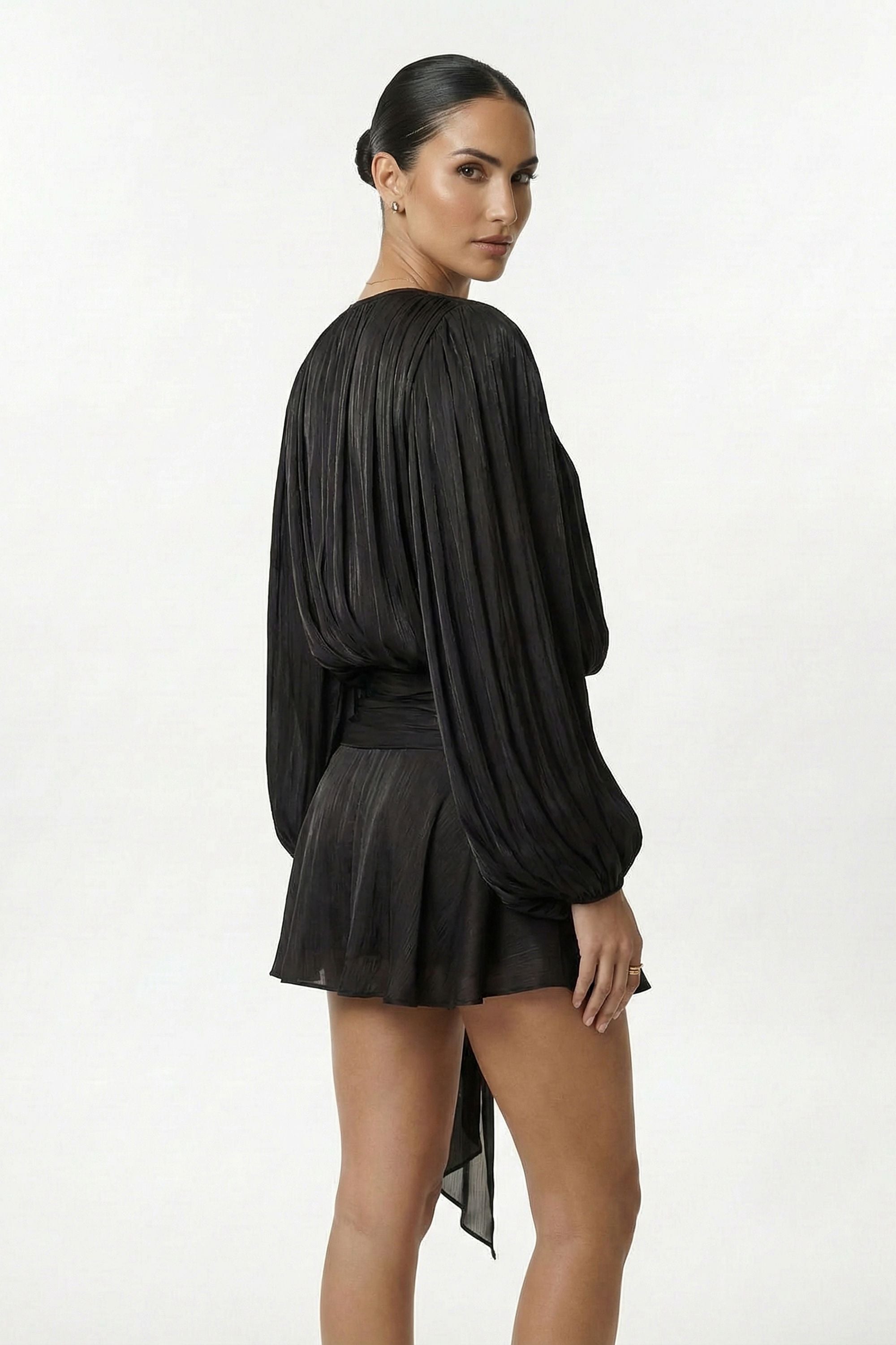 Black Pleated Long Sleeve Tie Waist Ruffle Mini Dress - Dress