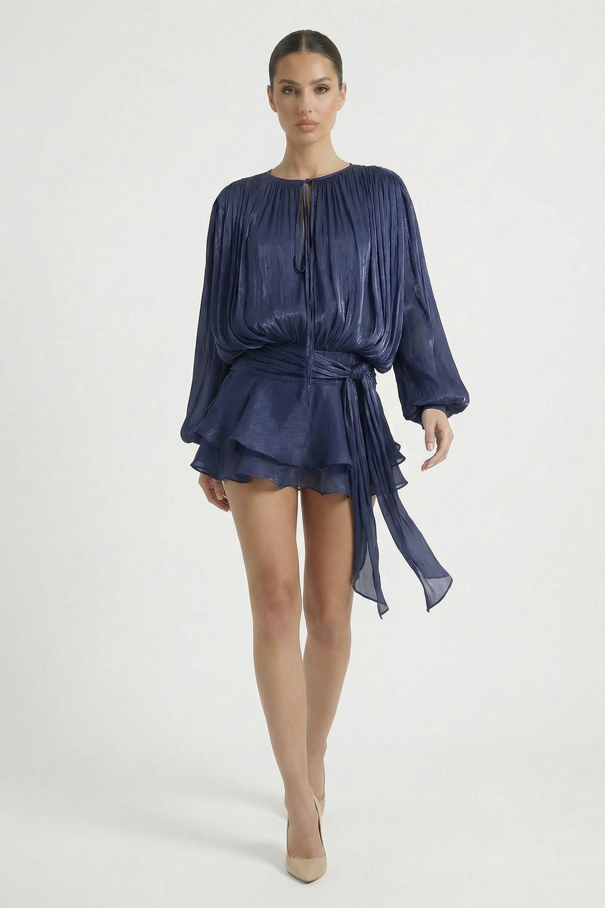 Navy Pleated Long Sleeve Wrap Ruffle Mini Dress - Navy / 4 - Dress