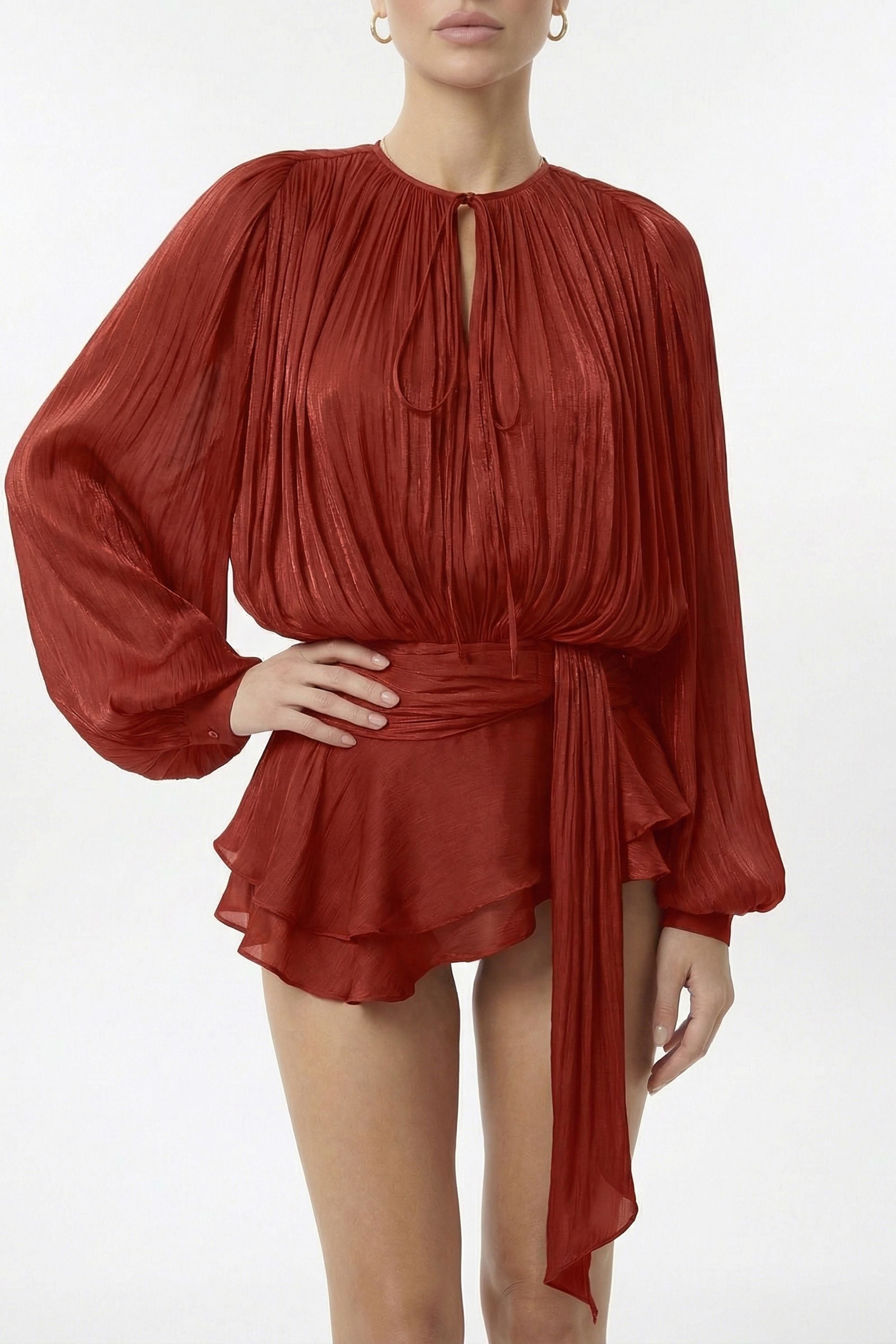 Red Pleated Long Sleeve Wrap Waist Mini Dress with Ruffle Hem - Dress