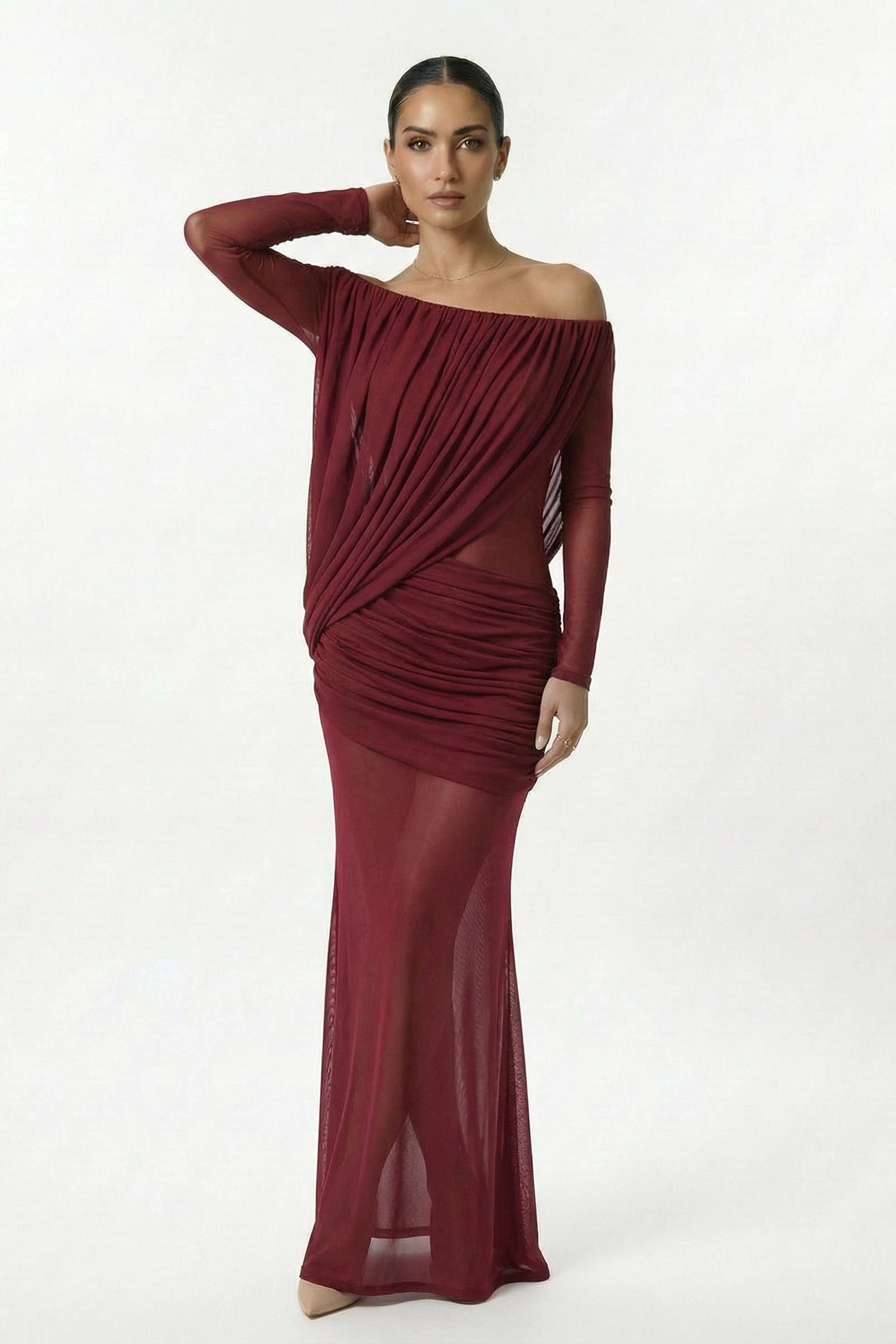 Burgundy Off Shoulder Ruched Sheer Maxi Dress - Dress