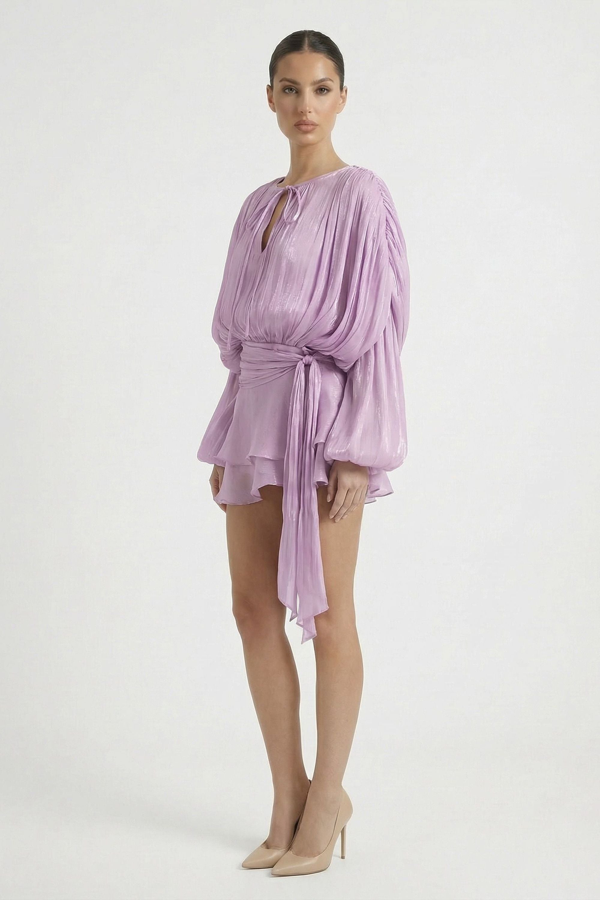 Purple Pleated Puff Sleeve Wrap Mini Dress - Dress
