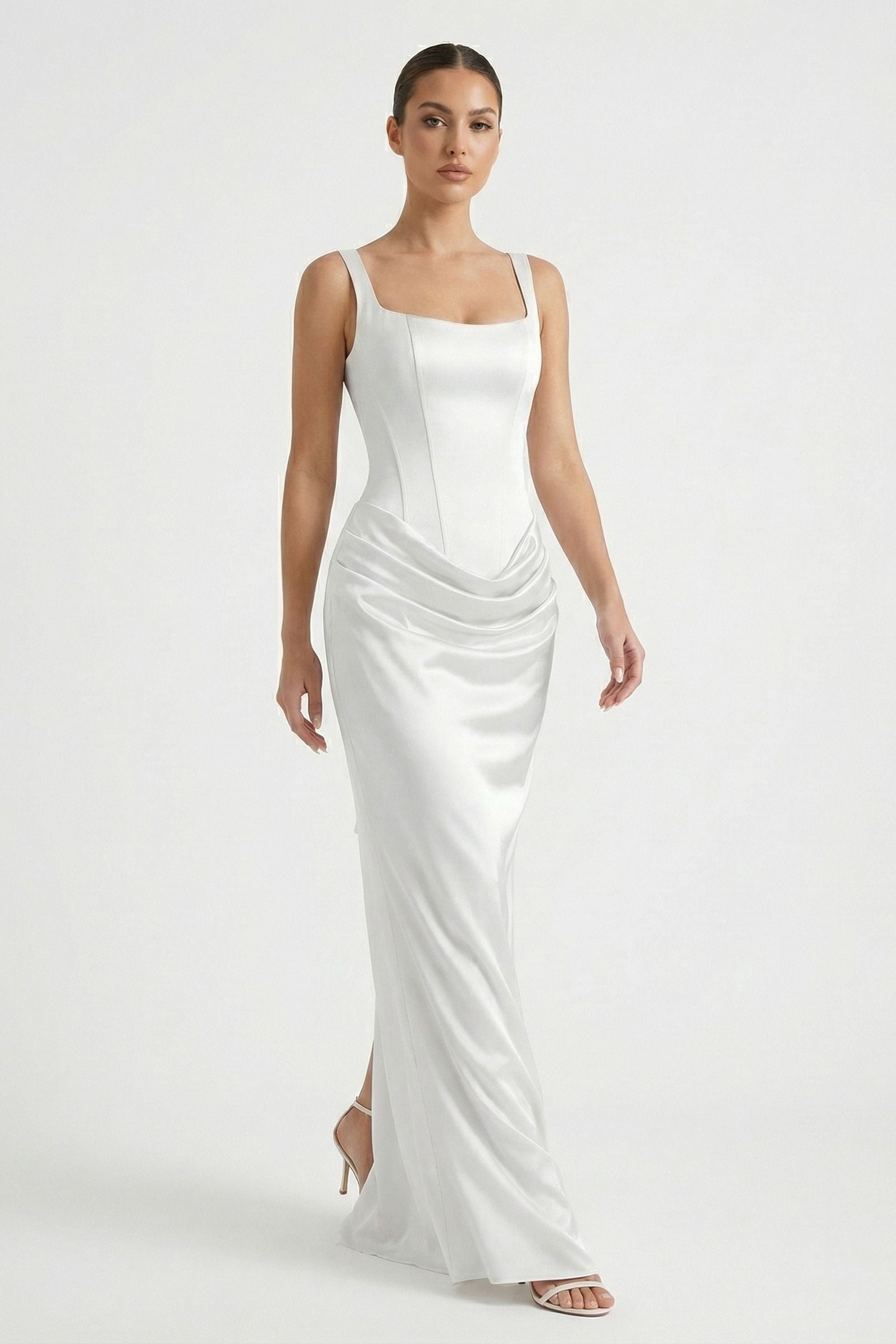 White Lace-up Satin Maxi Dress - Dress