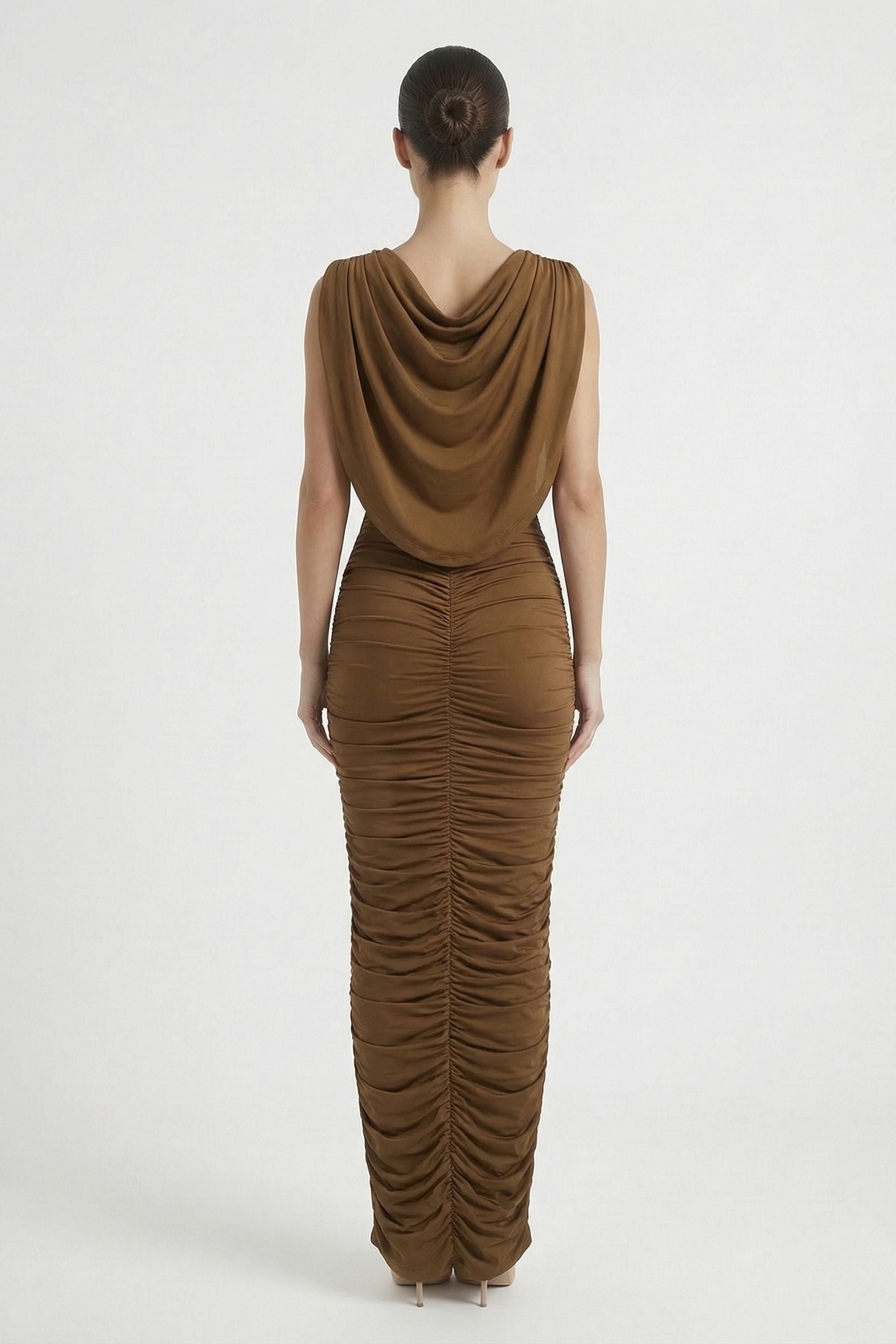 Olive Green Cowl Neck Ruched Maxi Dress - Dress