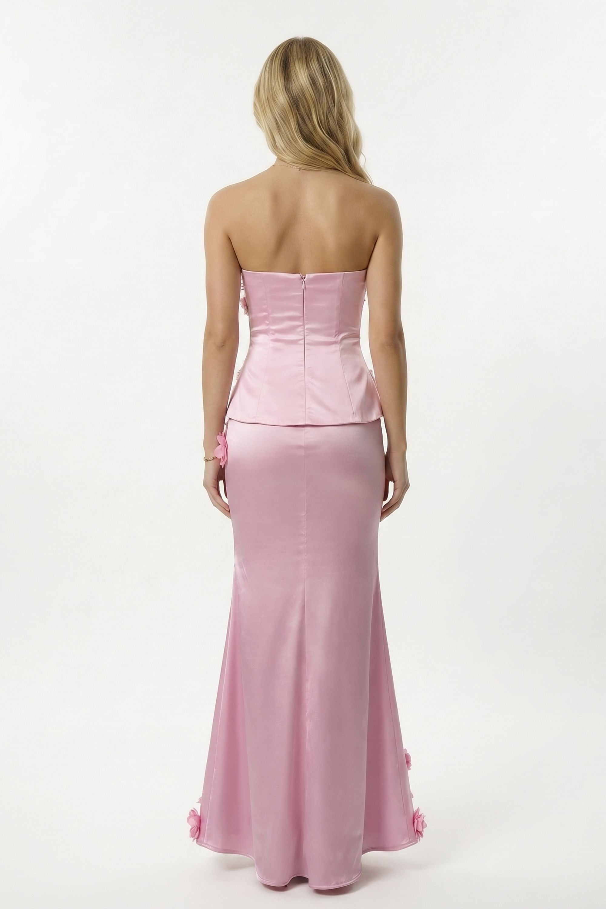 Pink Floral Appliqué Strapless Two Piece Satin Mermaid Maxi Dress - Dress