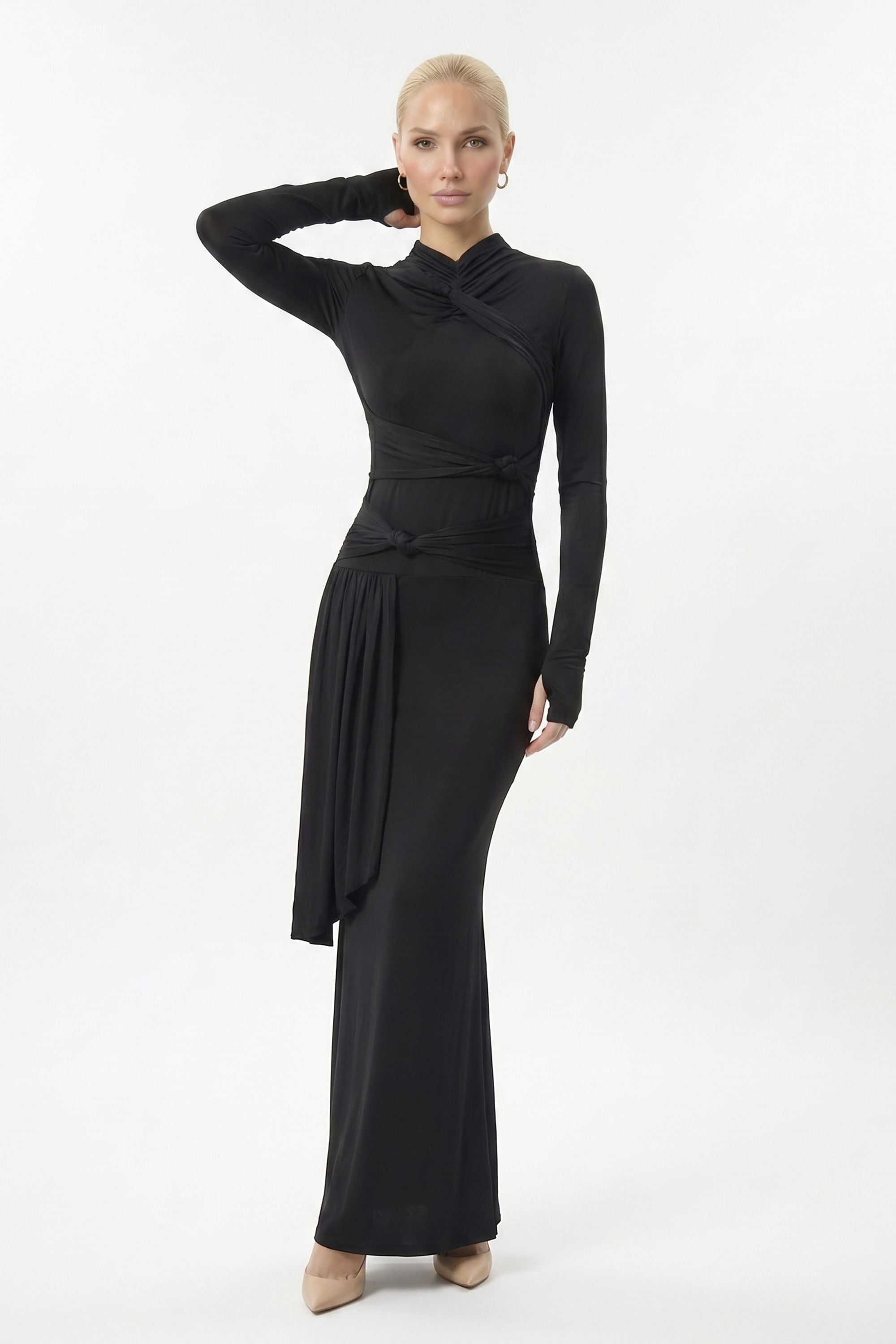 Black Draped Knot Long Sleeve Maxi Dress Selene Dress Black Draped Knot Long Sleeve Maxi Dress Selene Dress