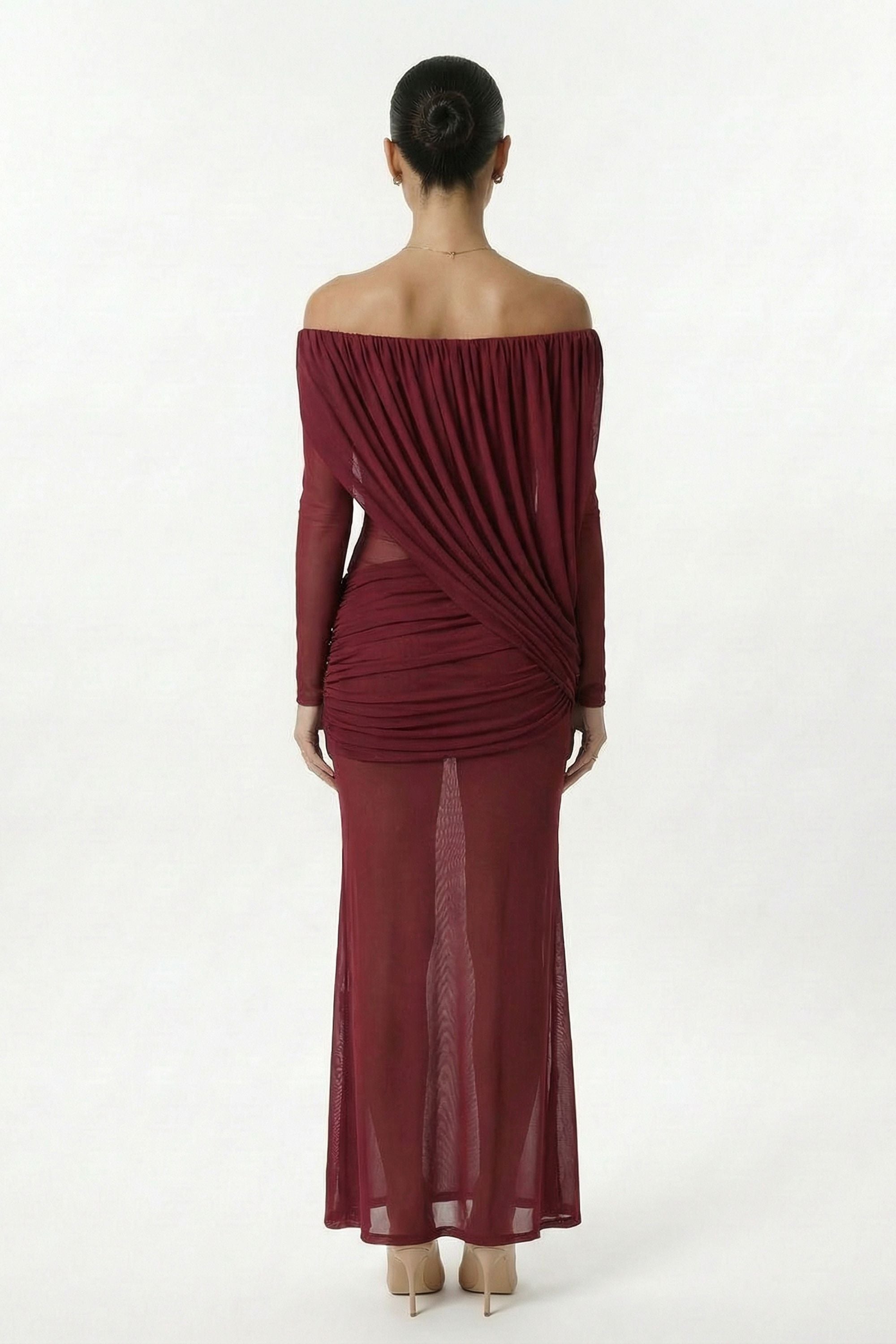 Burgundy Off Shoulder Ruched Sheer Maxi Dress - Dress