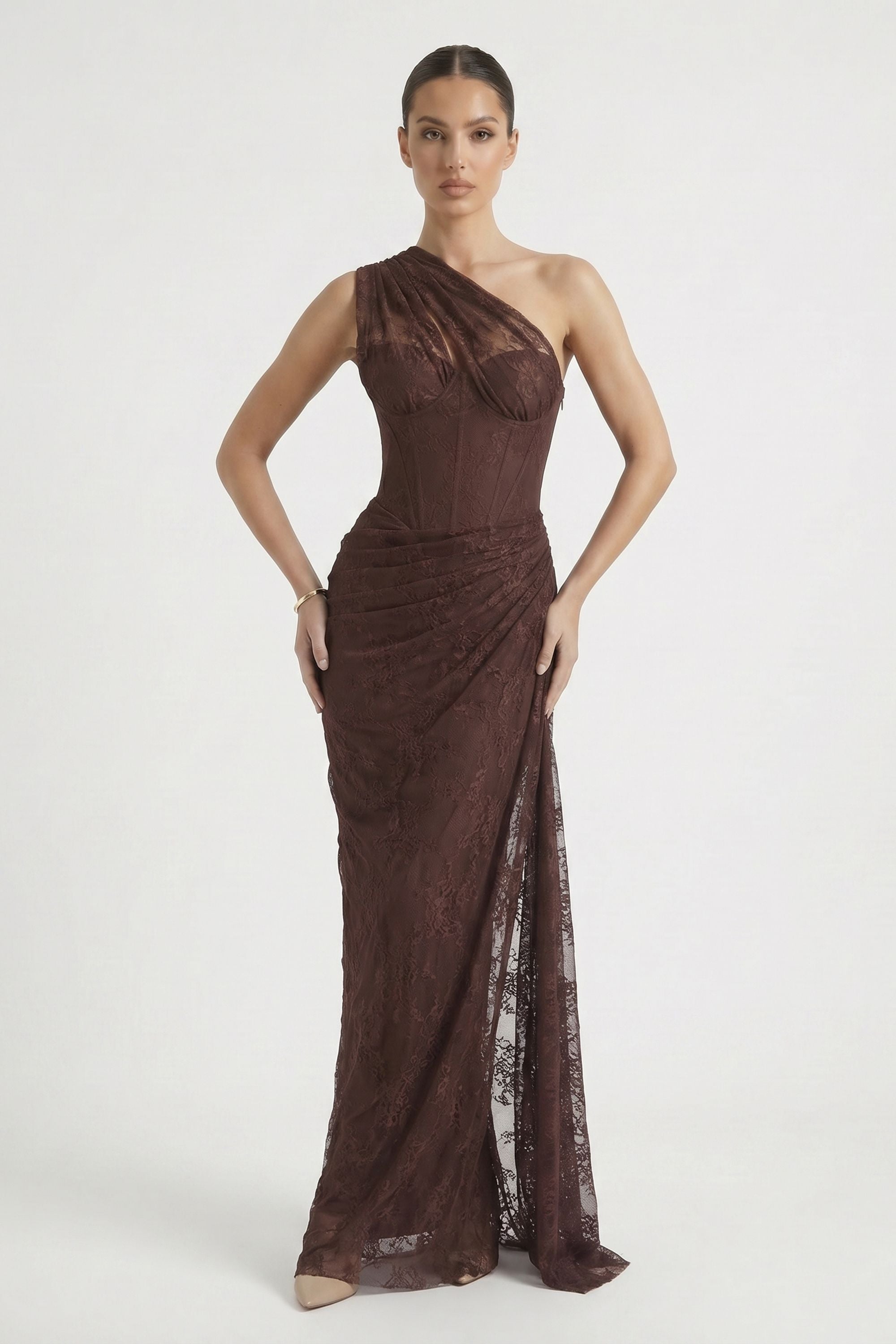 strapless open back dress Brown One Shoulder Lace Floral Corset Ruched Dress – Selene Dress