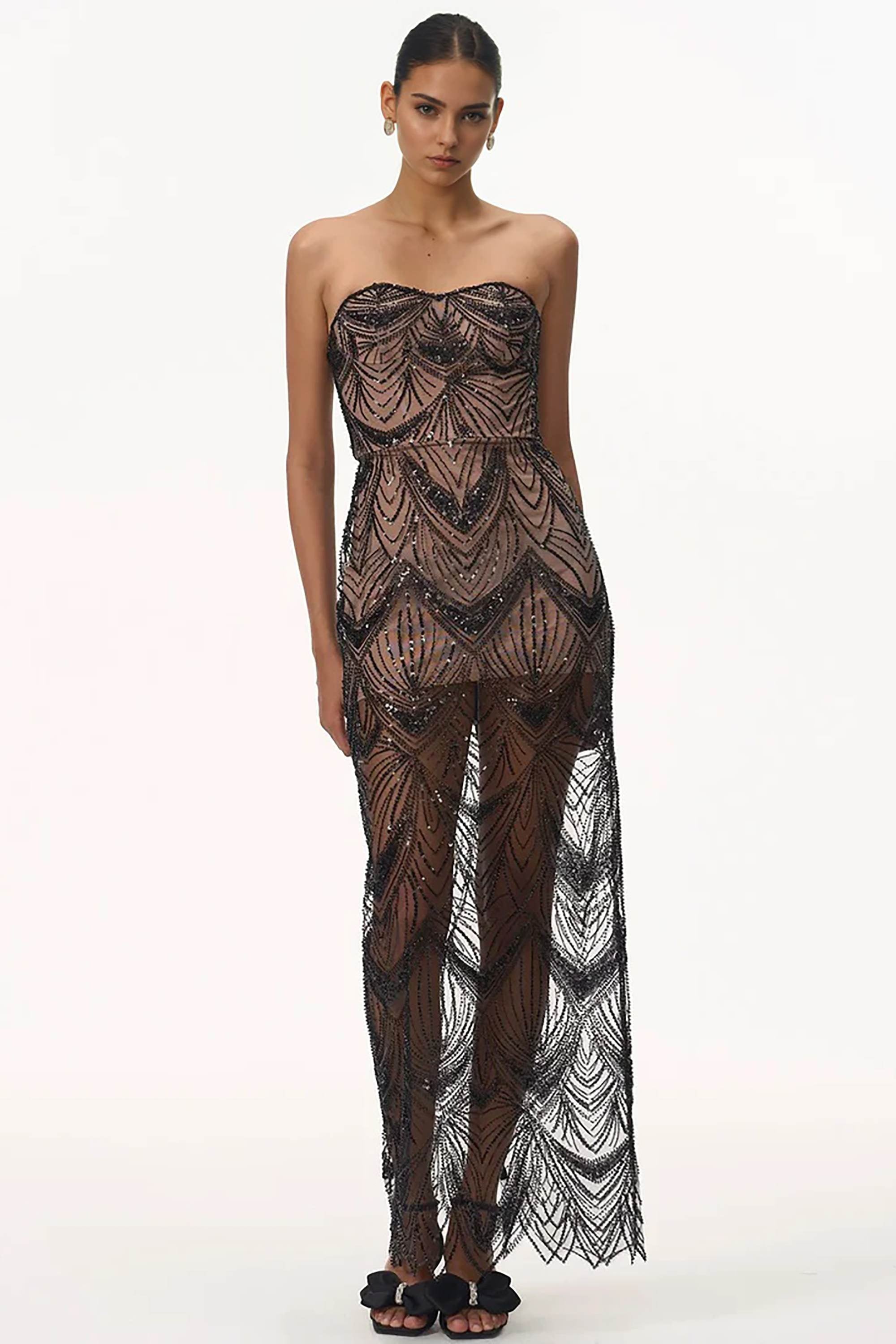 Black Strapless Sequin Beaded Maxi Dress Dress