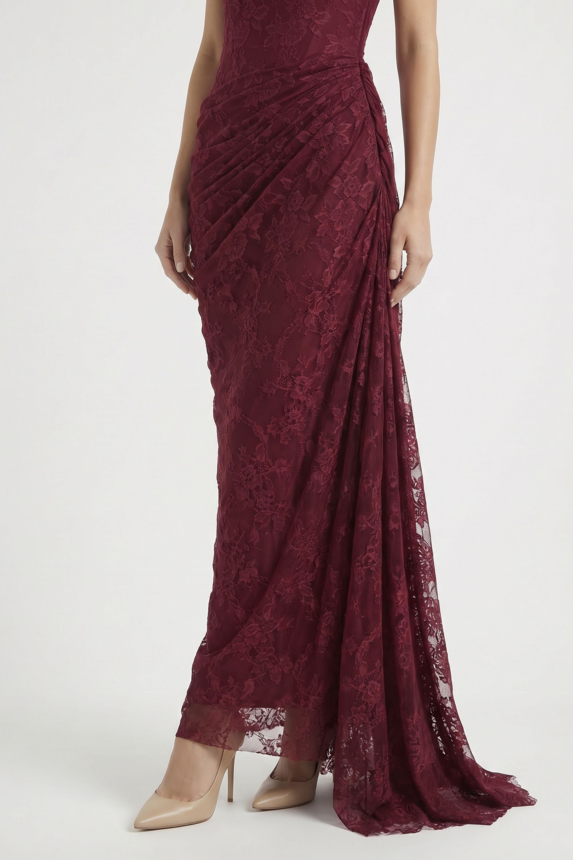 Burgundy One Shoulder Lace Maxi Dress - Dress