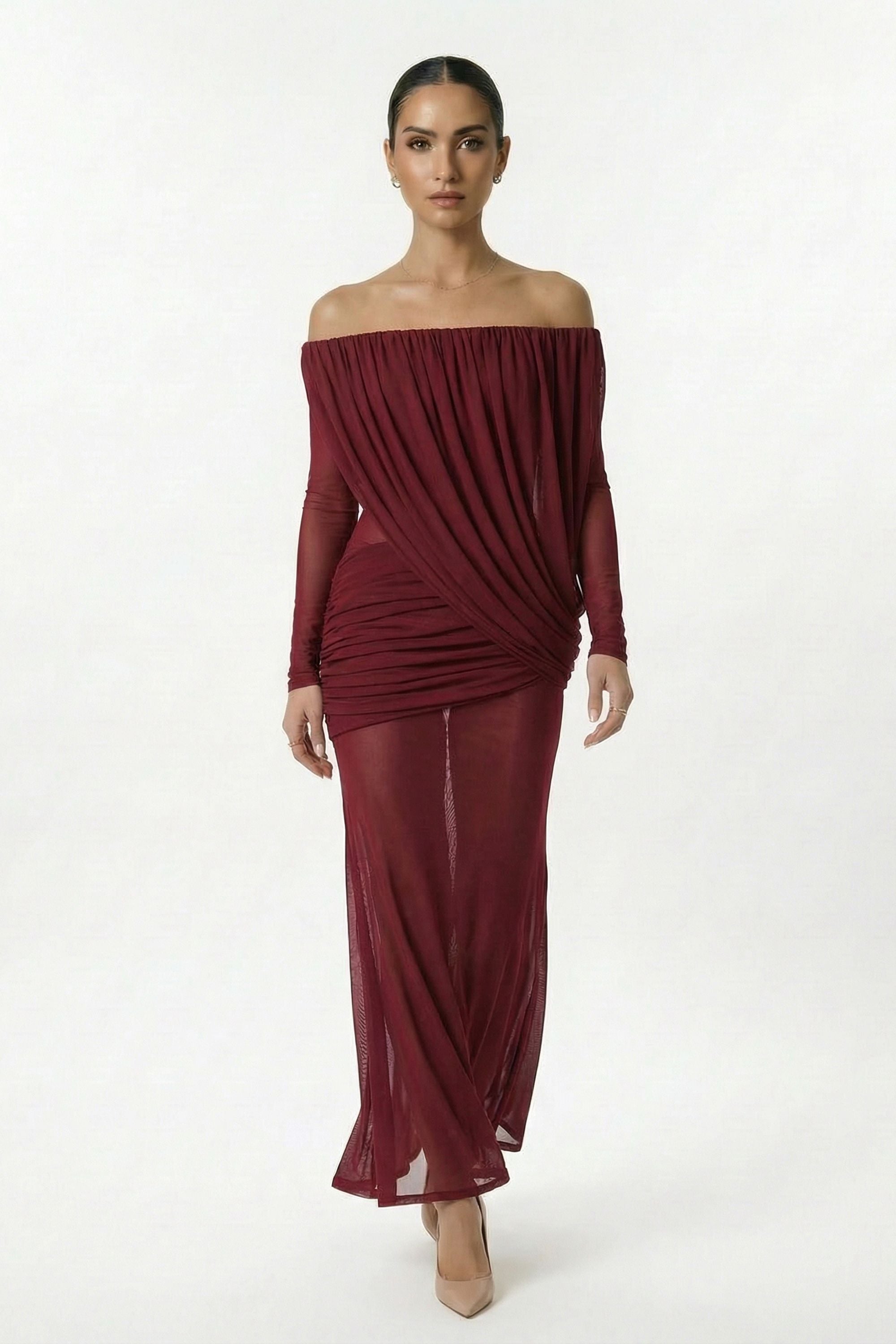 Burgundy Off Shoulder Ruched Sheer Maxi Dress Burgundy / 12 Burgundy Off Shoulder Ruched Sheer Maxi Dress Burgundy / 12