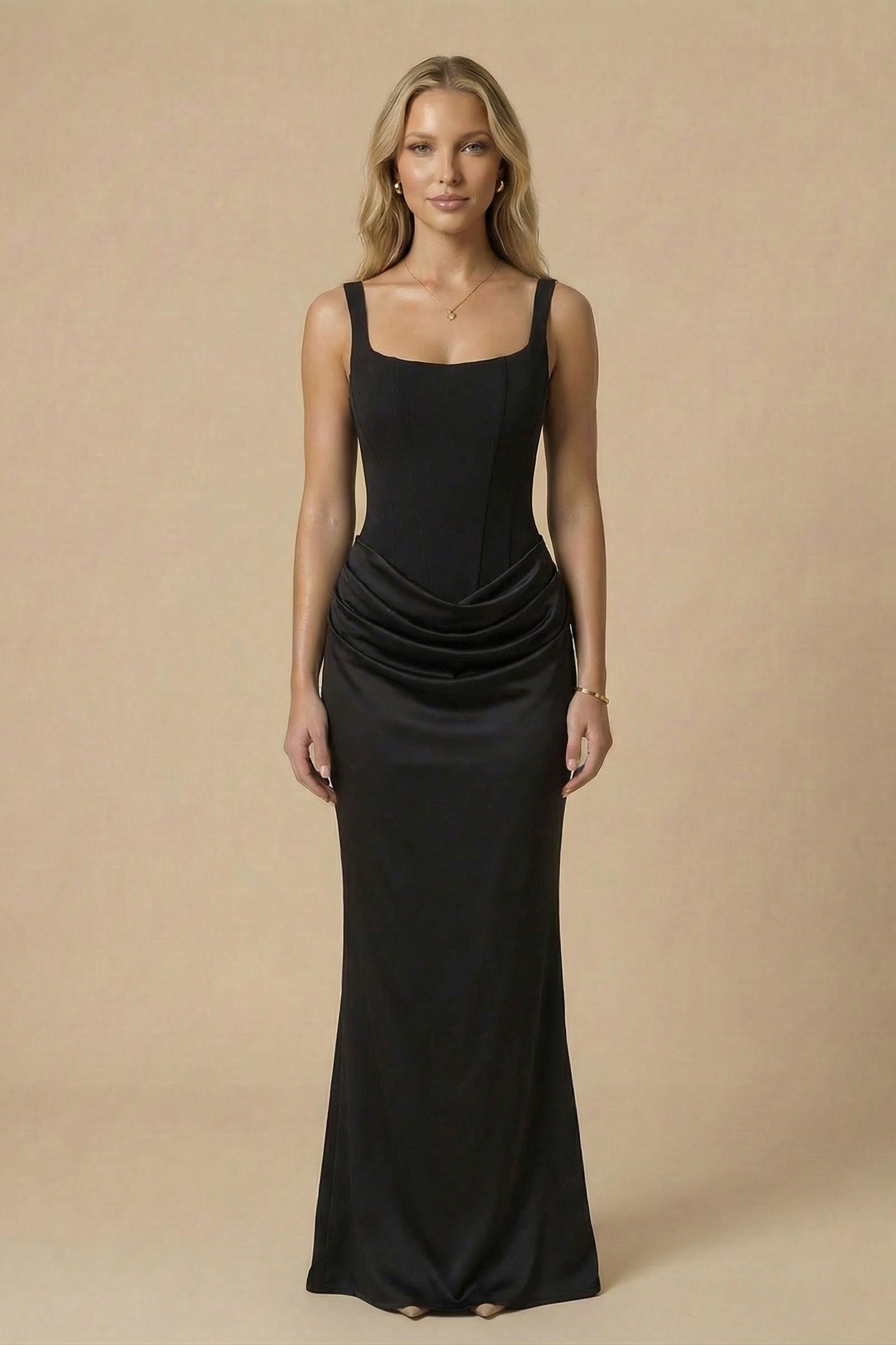 Black Square Neck Corset Maxi Dress - Dress