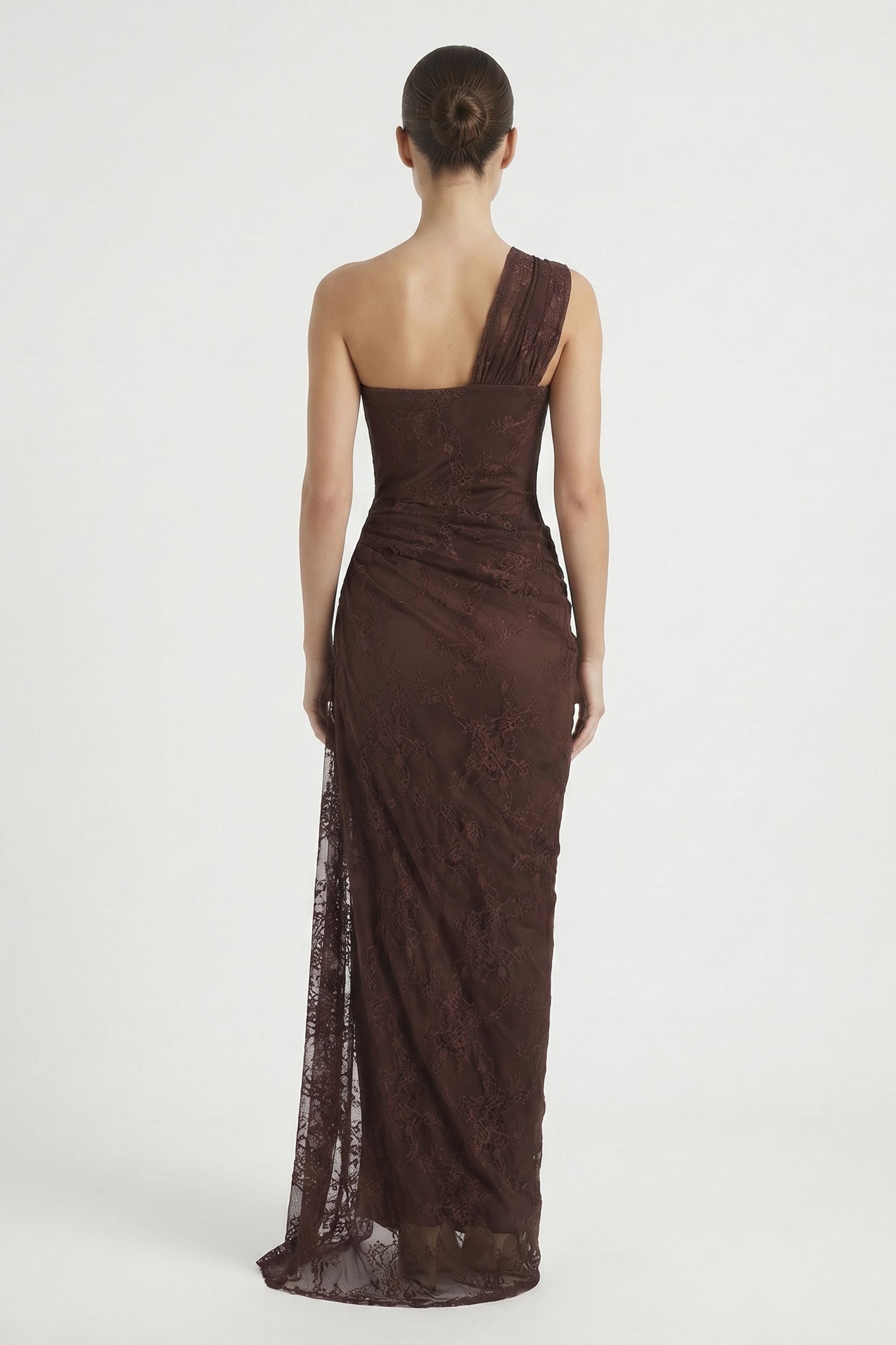 Brown One Shoulder Lace Floral Corset Ruched Dress - Dress