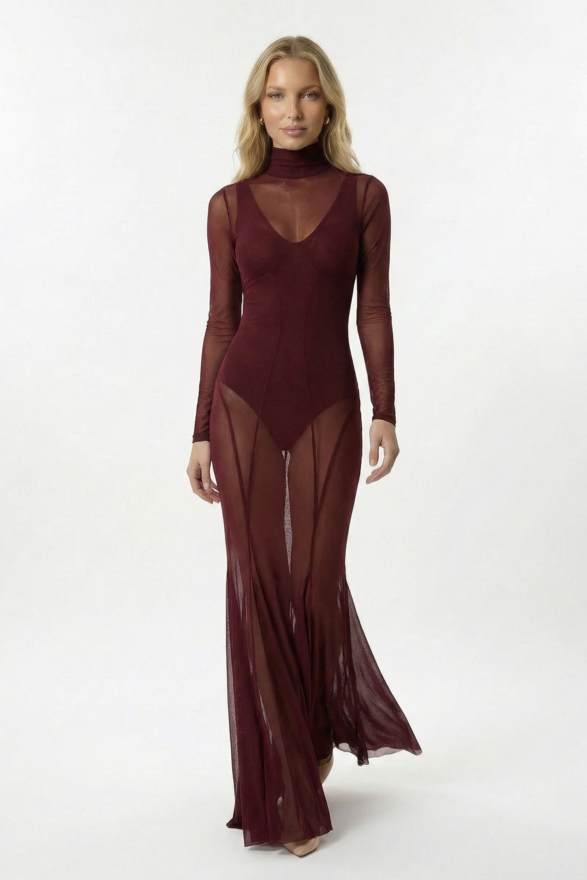 Burgundy Sheer Mesh High Neck Maxi Dress with Bodysuit – Selene Dress