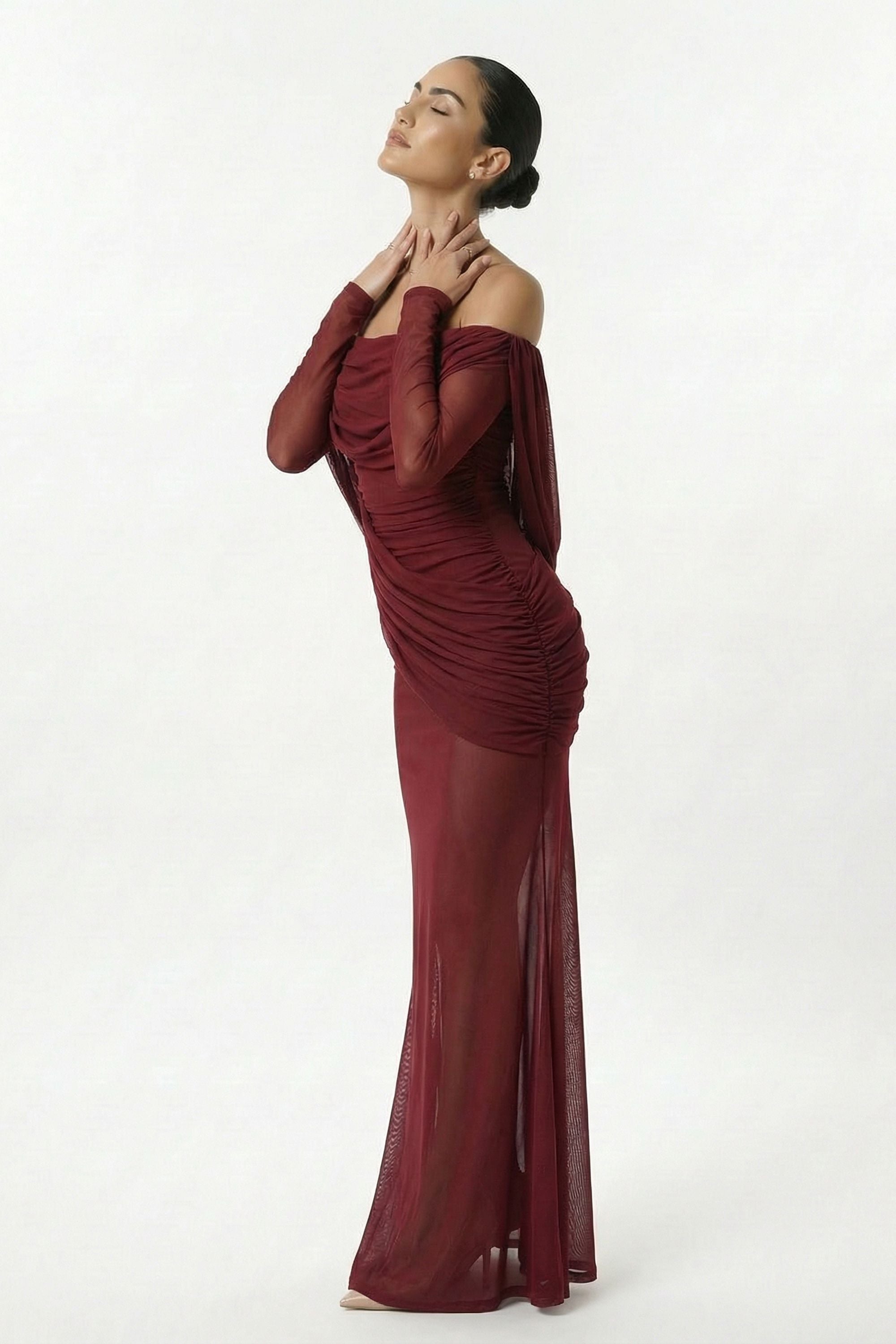 Burgundy Off Shoulder Ruched Sheer Maxi Dress - Dress