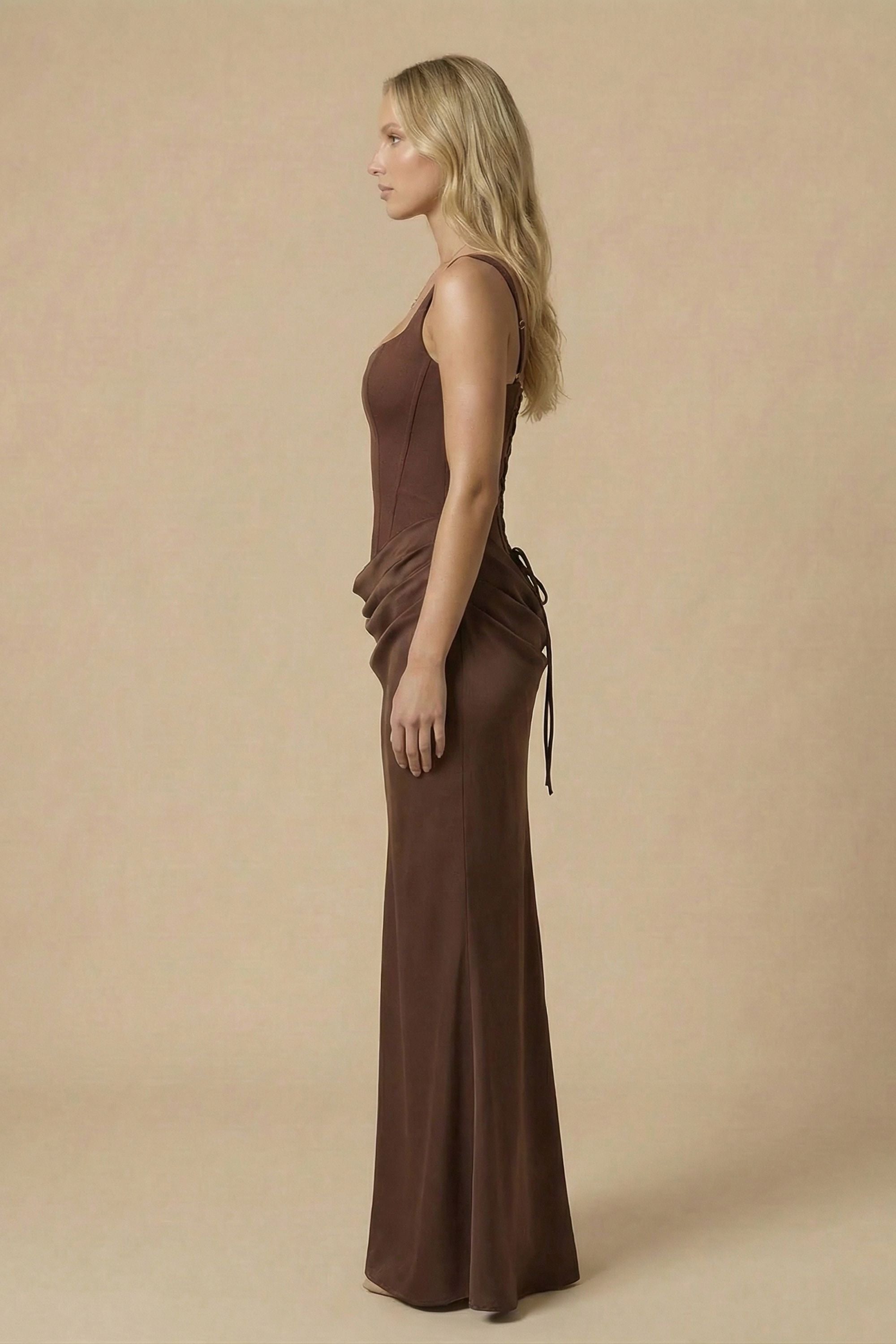 Brown Draped Satin Bustier Maxi Dress - Dress
