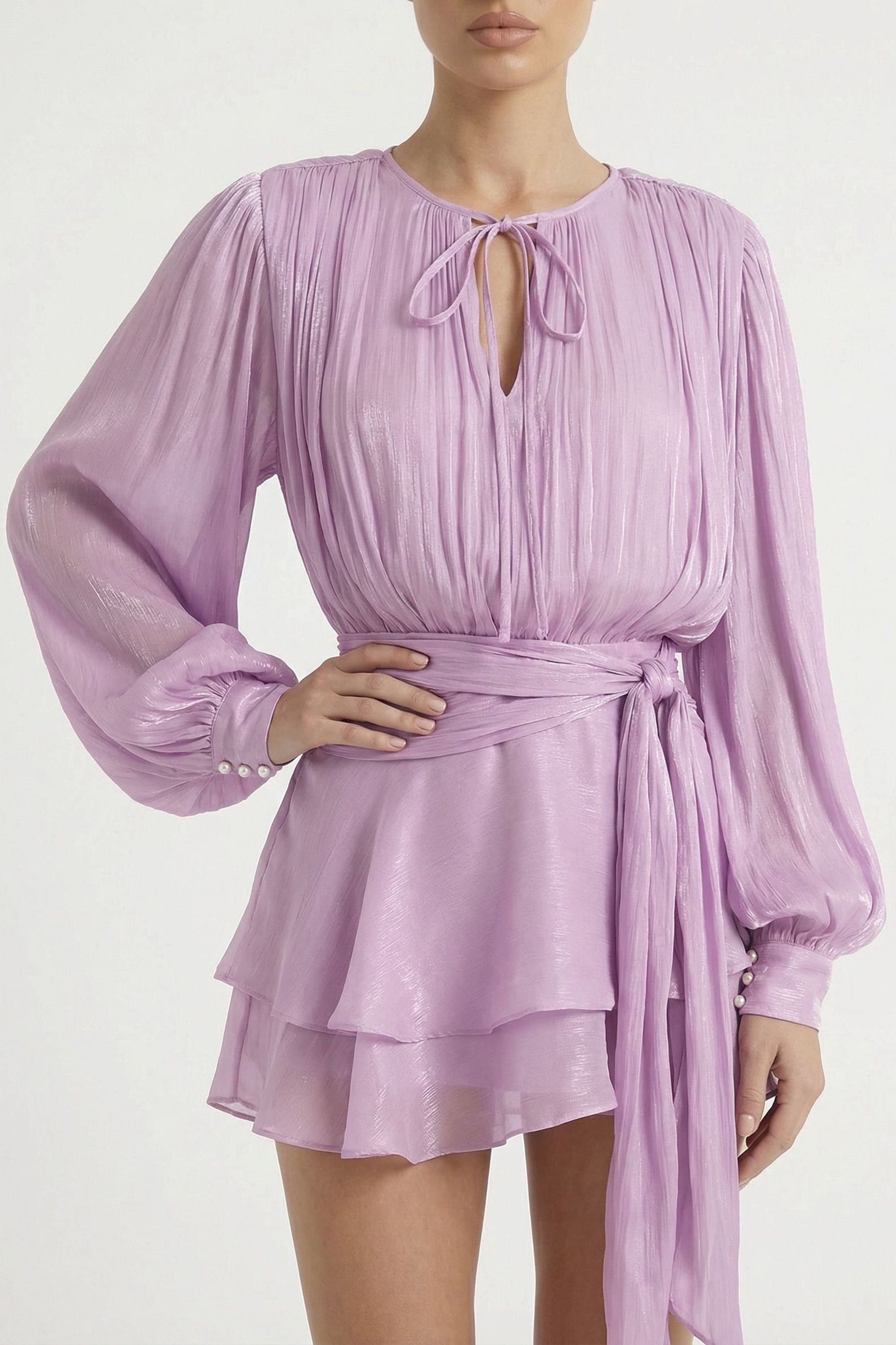Purple Pleated Puff Sleeve Wrap Mini Dress - Dress