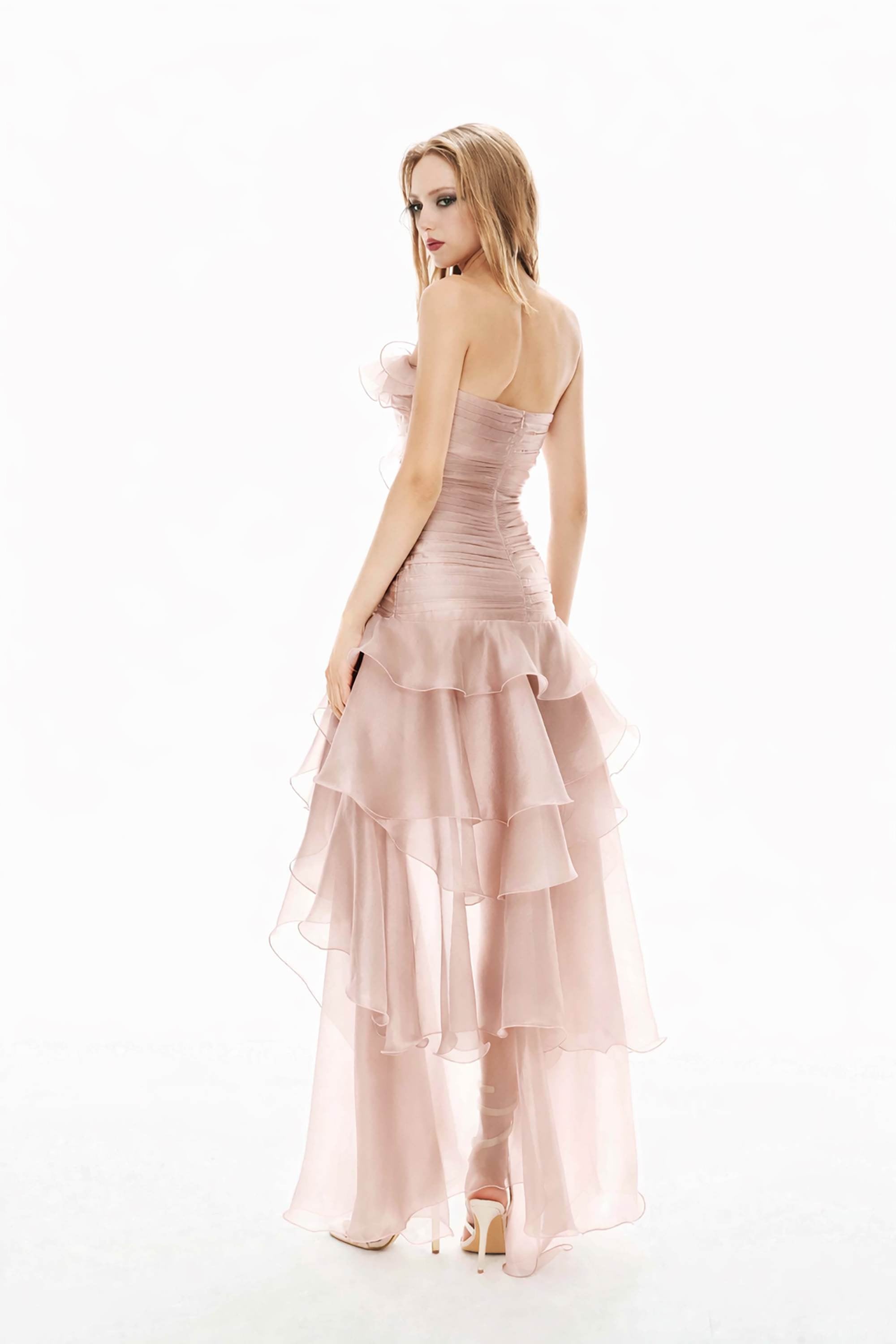 Blush Pink Strapless Floral Ruffle High-Low Dress Dress
