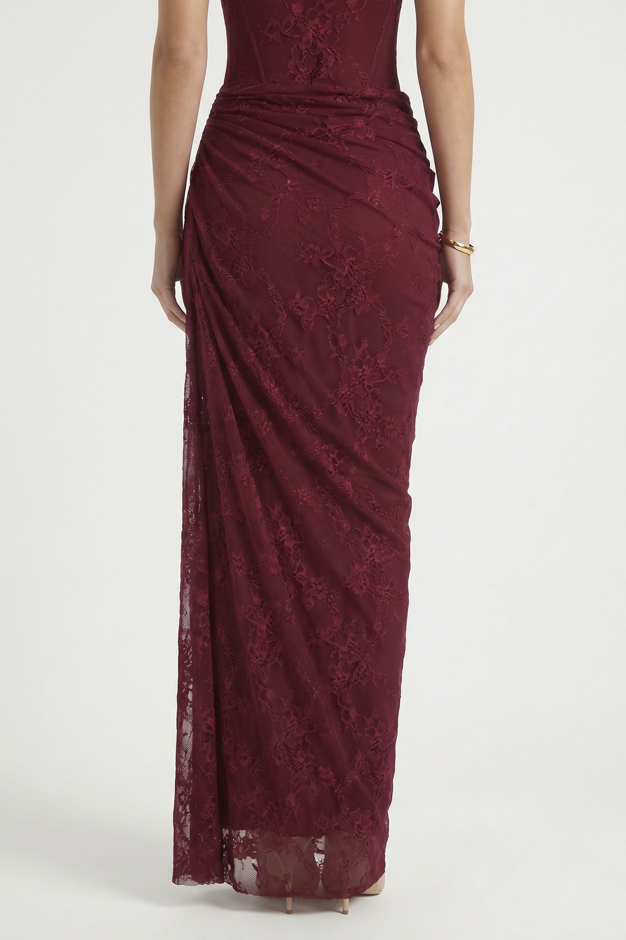 Burgundy One Shoulder Lace Maxi Dress - Dress