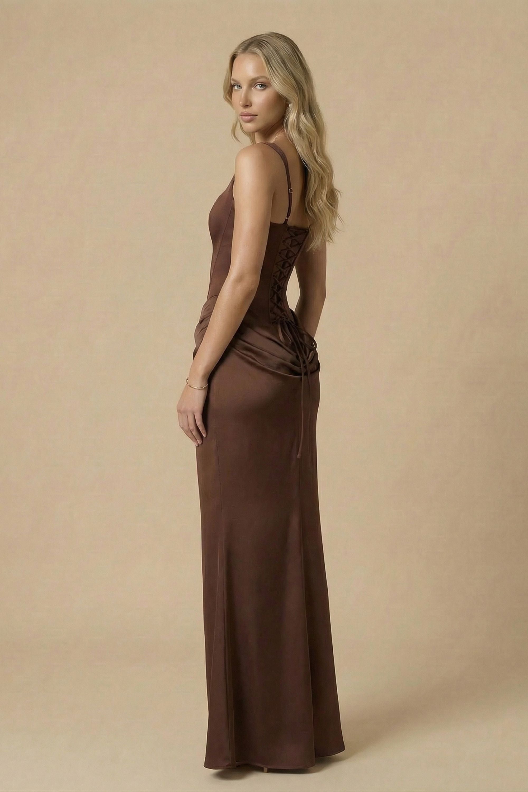 Brown Draped Satin Bustier Maxi Dress - Dress
