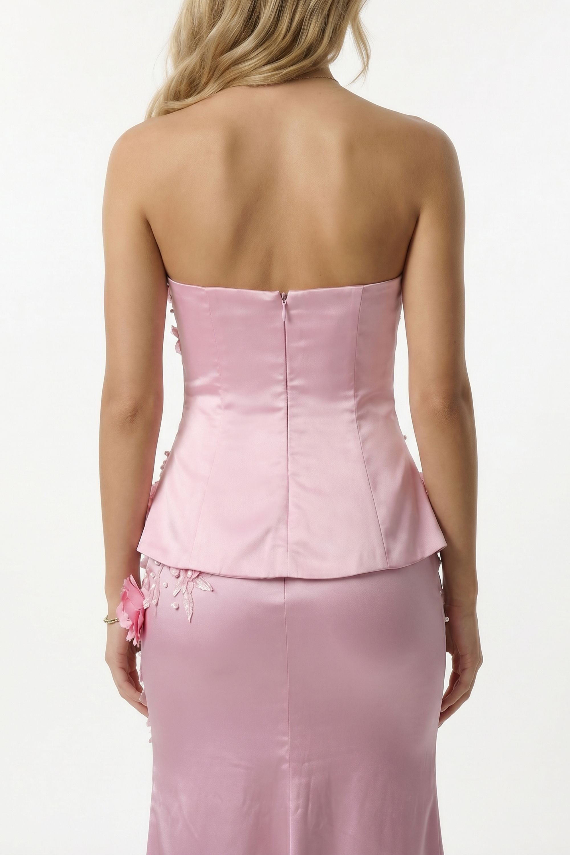 Pink Floral Appliqué Strapless Two Piece Satin Mermaid Maxi Dress - Dress