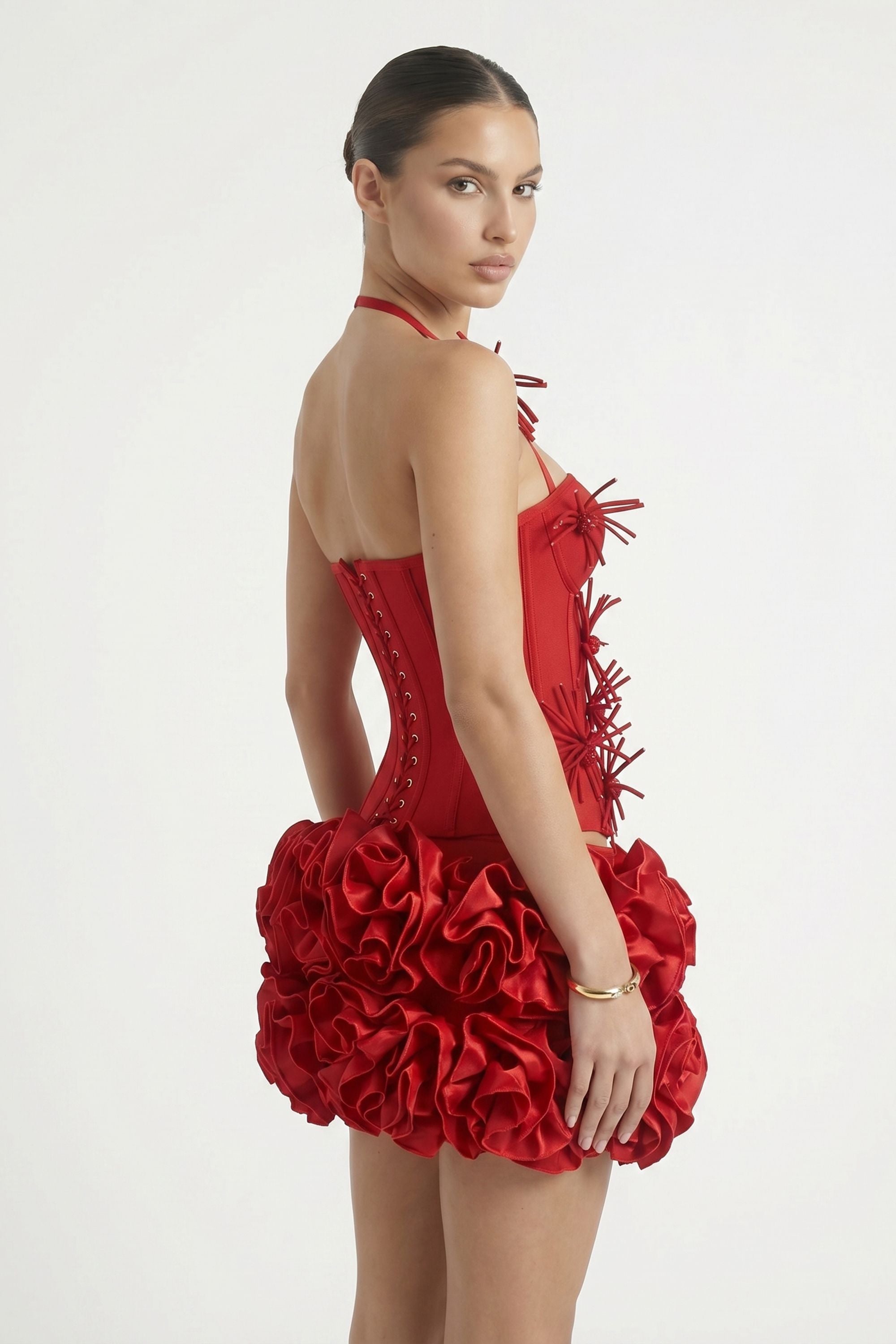 Red Bandage Corset Top And Bubble Floral Skirt Set - Dress