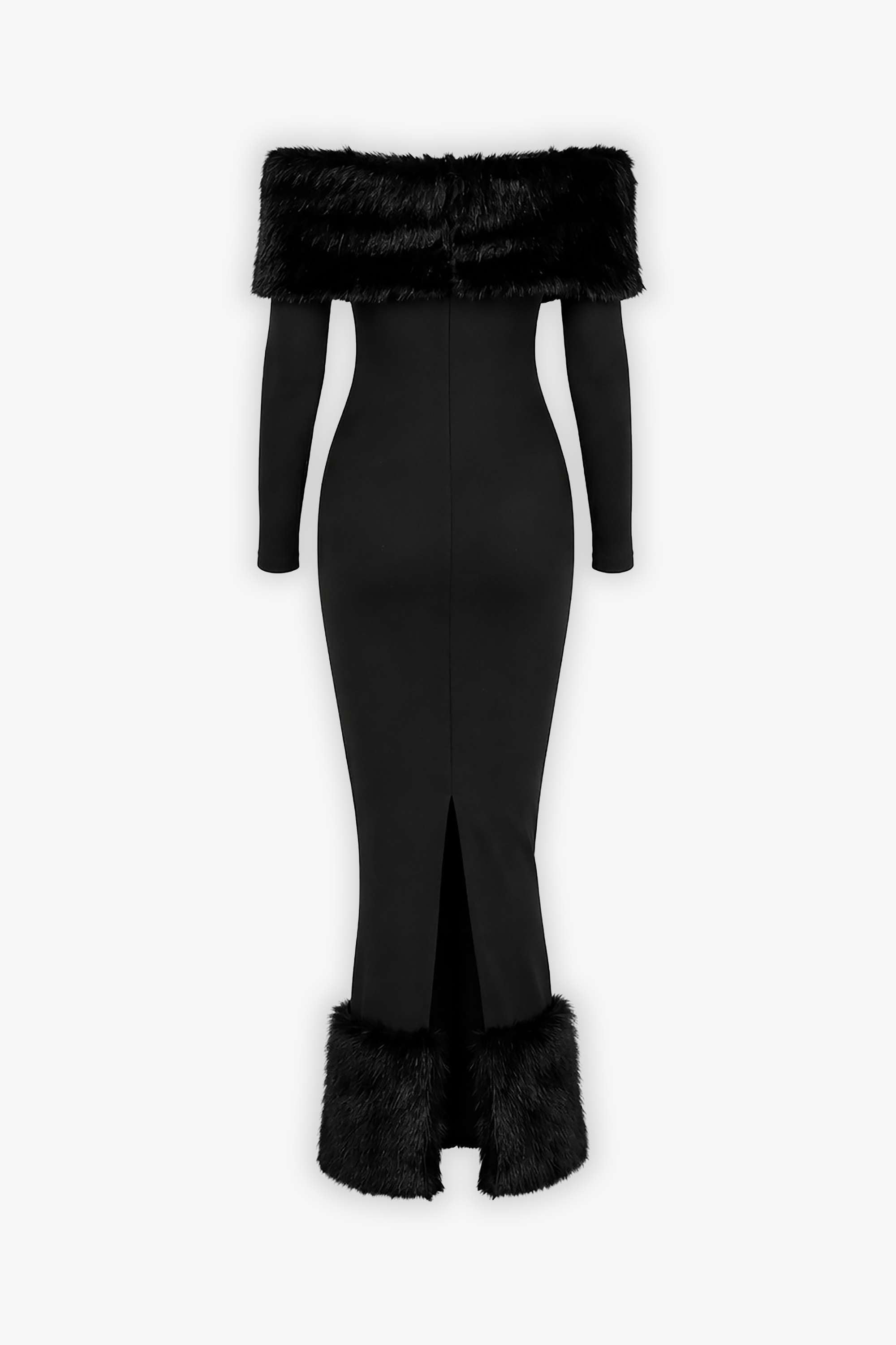 Black Off Shoulder Faux Fur Trim Midi Dress Dress
