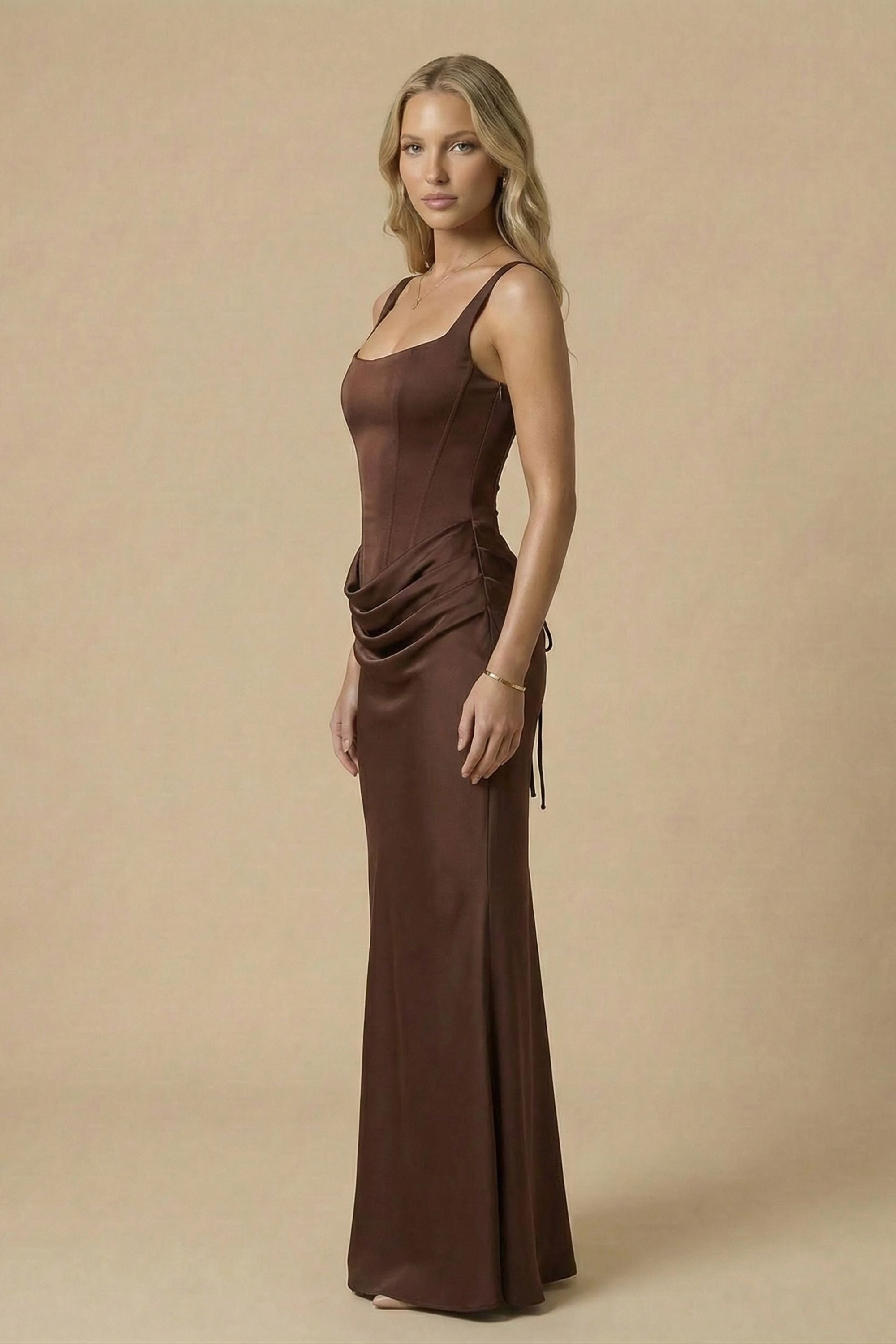 Brown Draped Satin Bustier Maxi Dress - Dress