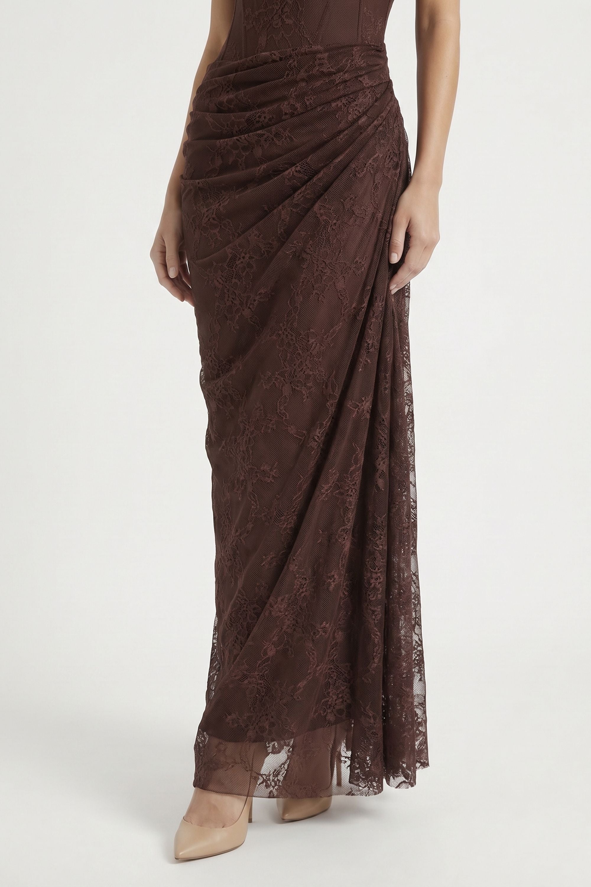 Brown One Shoulder Lace Floral Corset Ruched Dress - Dress