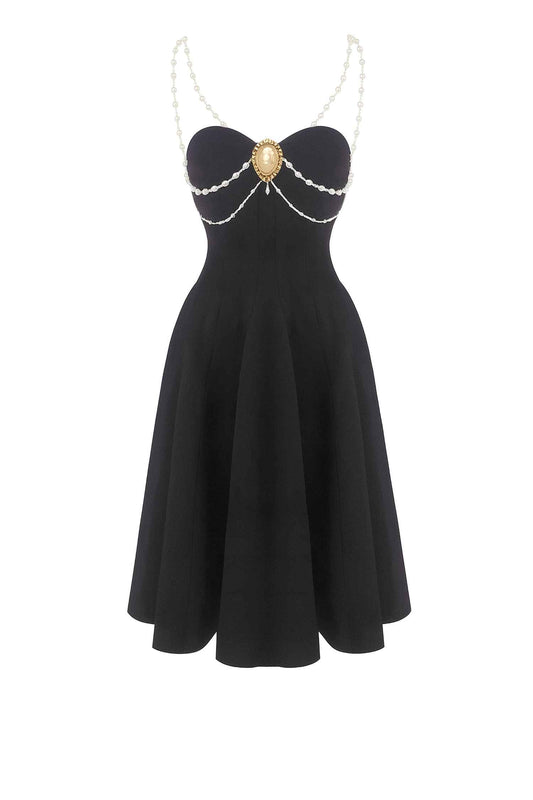 Black Pearl Chain A-Line Midi Dress