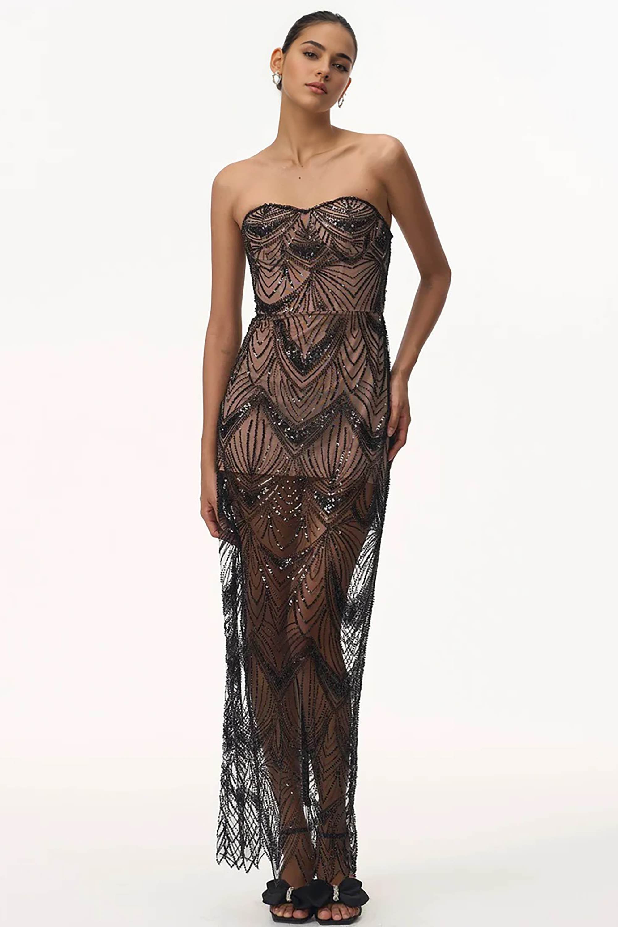 Black Strapless Sequin Beaded Maxi Dress Black / 6 Black Strapless Sequin Beaded Maxi Dress Black / 6
