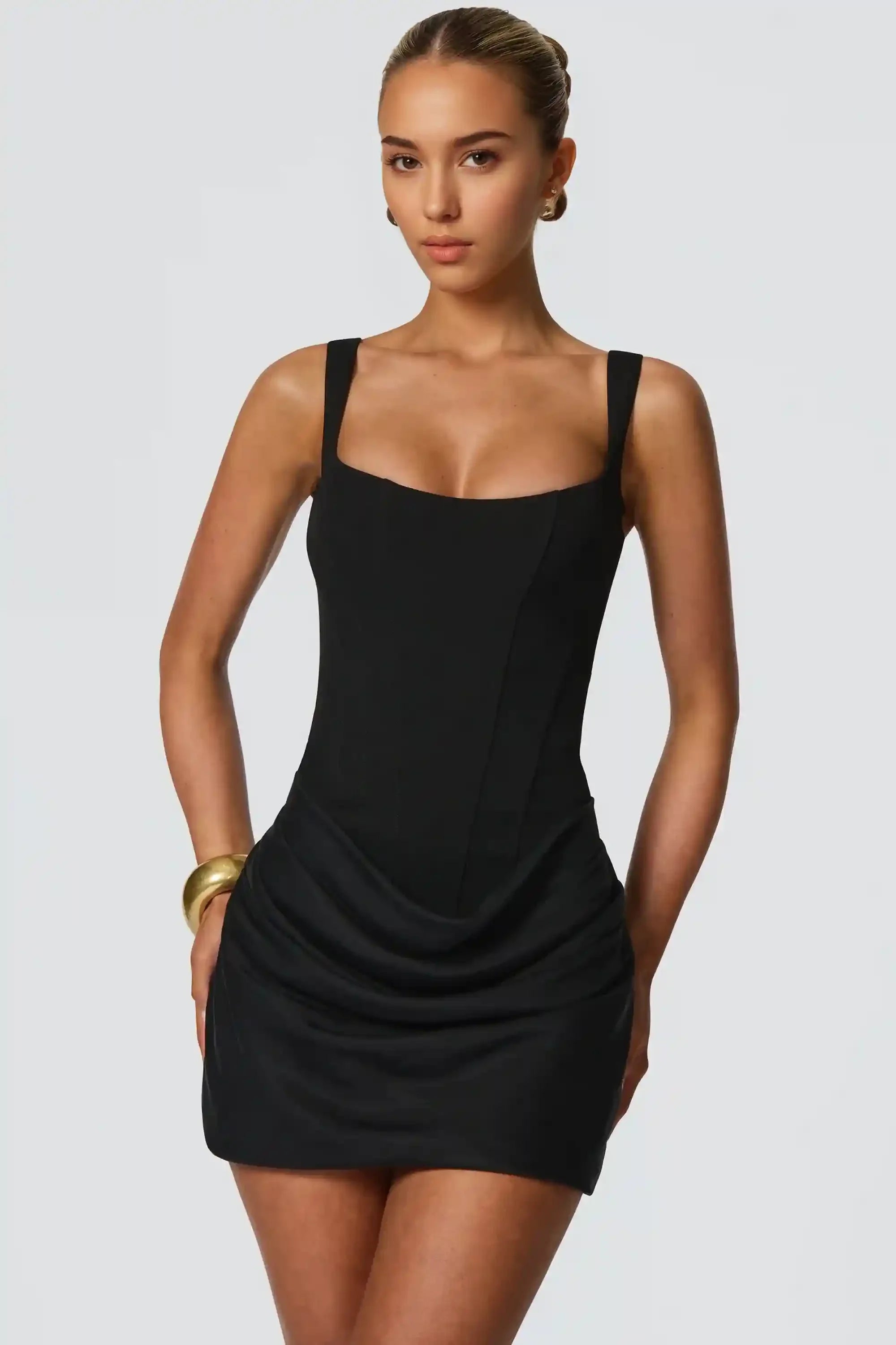 Black Satin Lace-Up Corset Mini Dress with Square Neck Dress