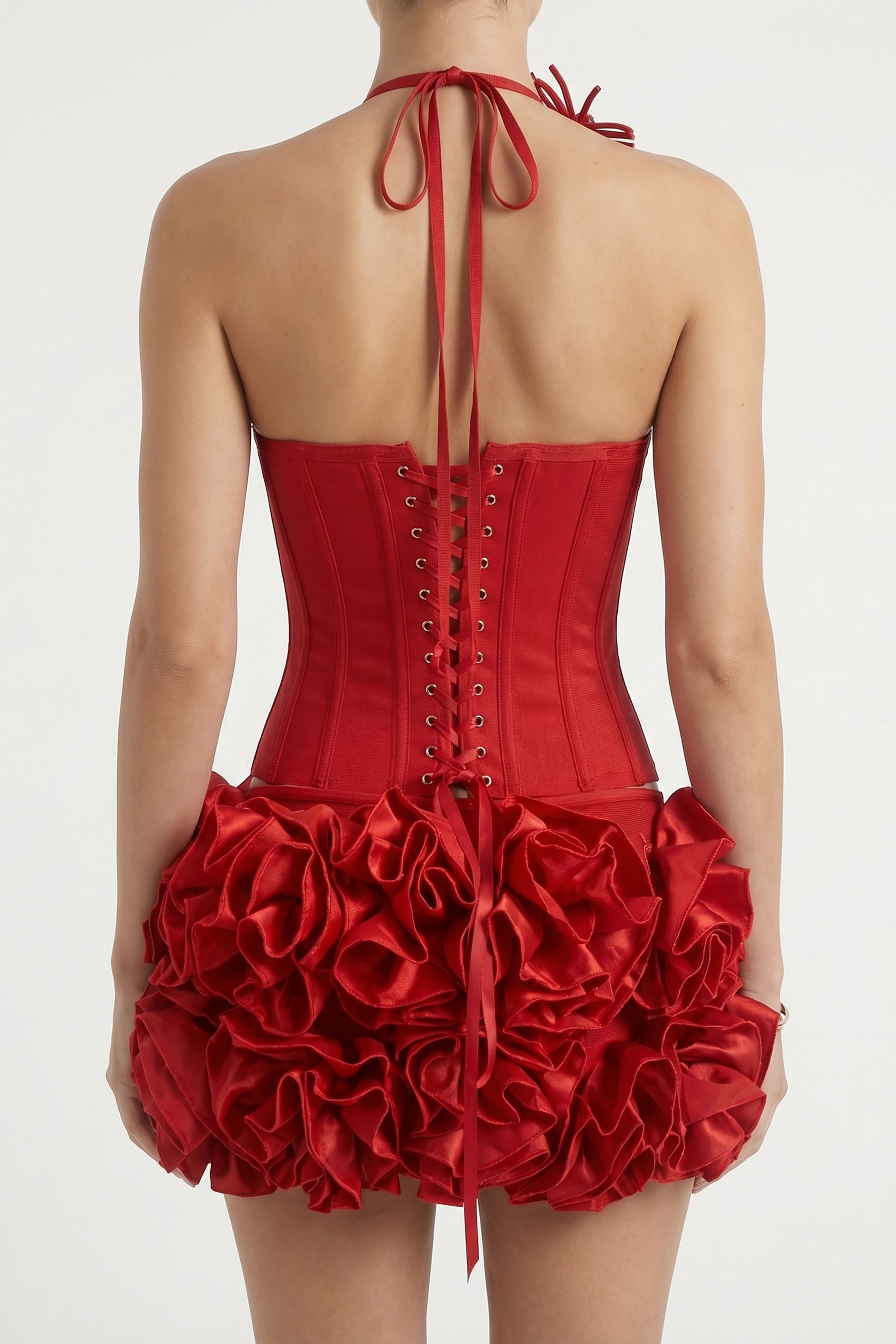 Red Bandage Corset Top And Bubble Floral Skirt Set - Dress