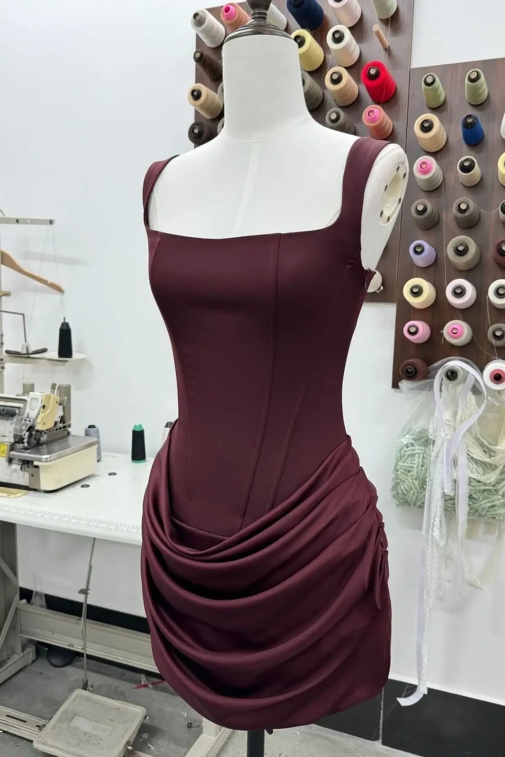 Burgundy Satin Corset Mini Dress With Lace Up Back Dress