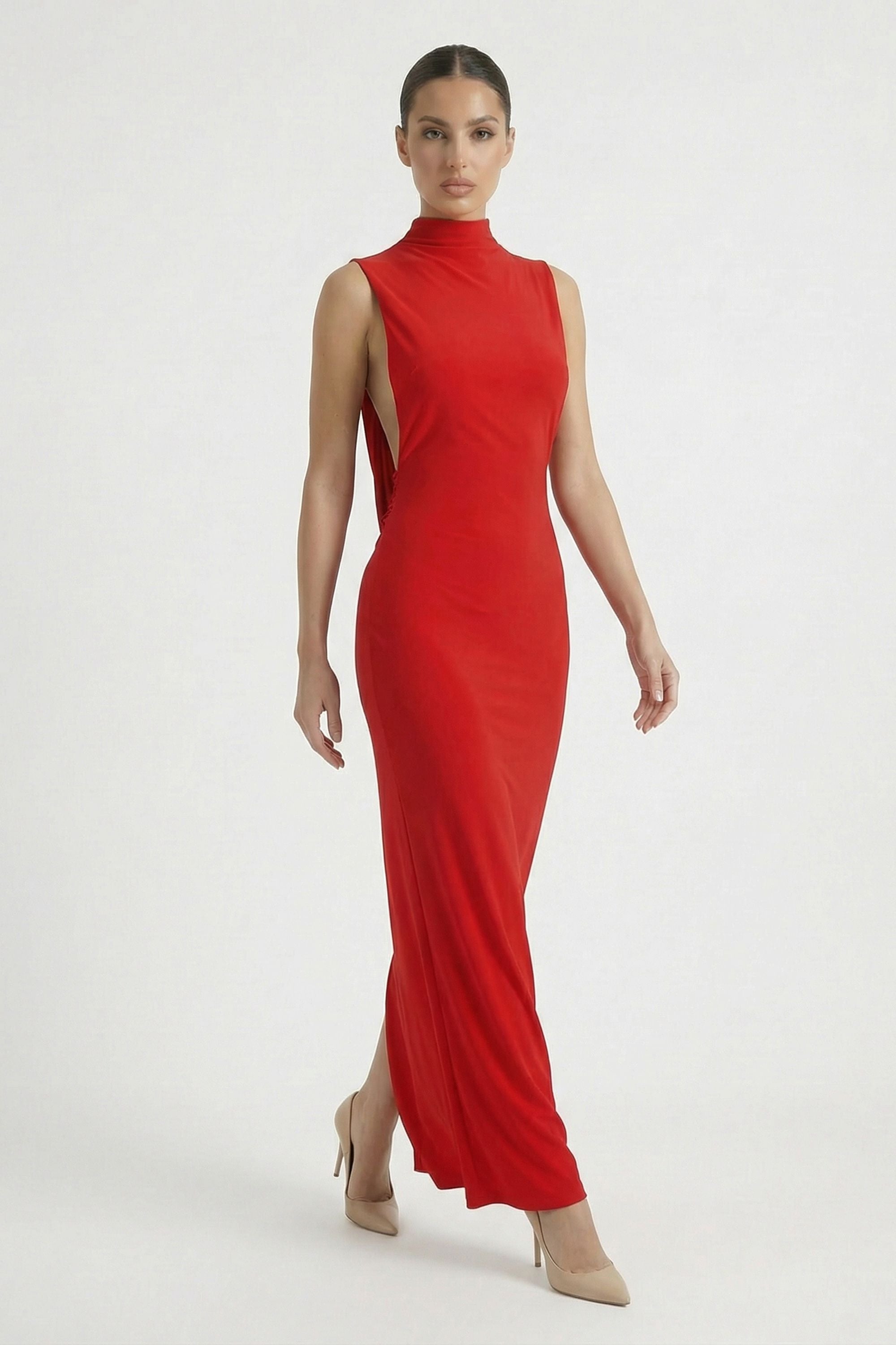 Red High Neck Open Back Draped Maxi Dress - Dress