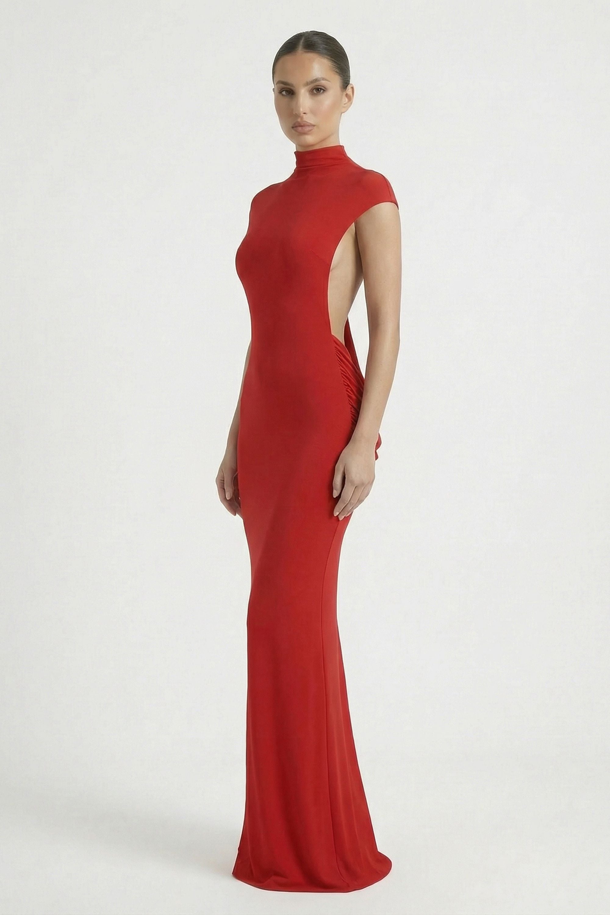 Red High Neck Open Back Draped Maxi Dress - Dress