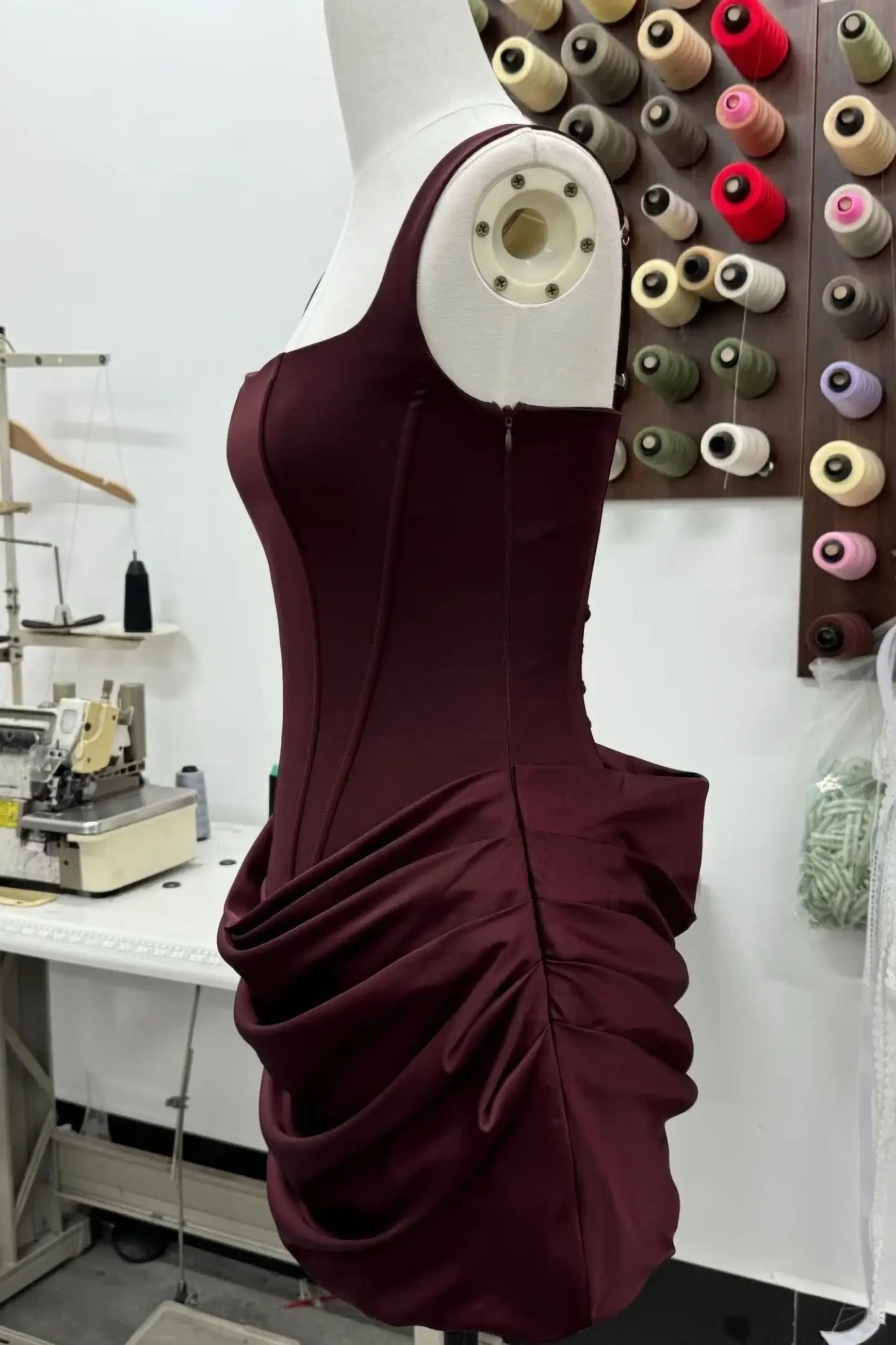 Burgundy Satin Corset Mini Dress With Lace Up Back Dress