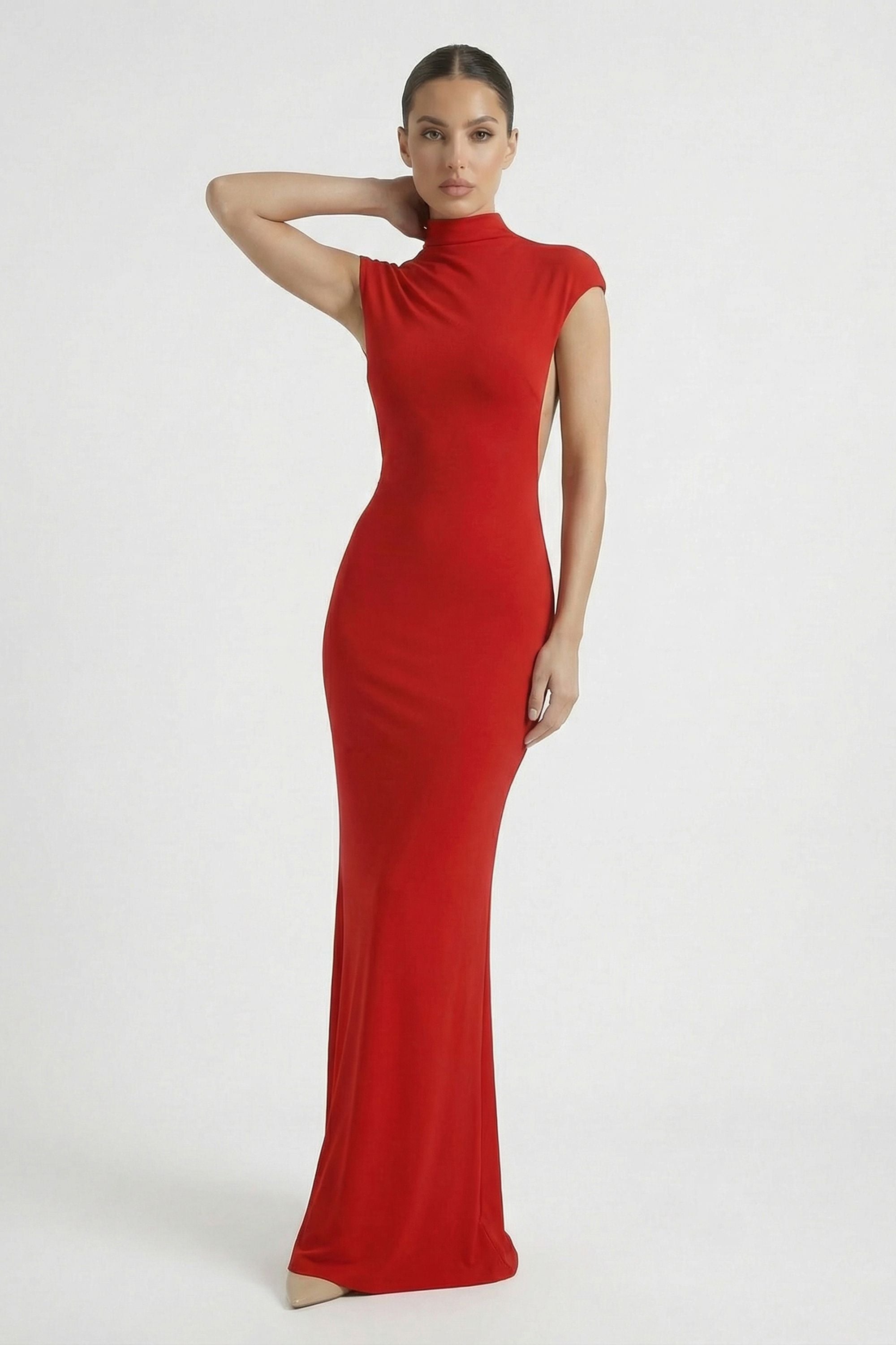 Red High Neck Open Back Draped Maxi Dress - Dress