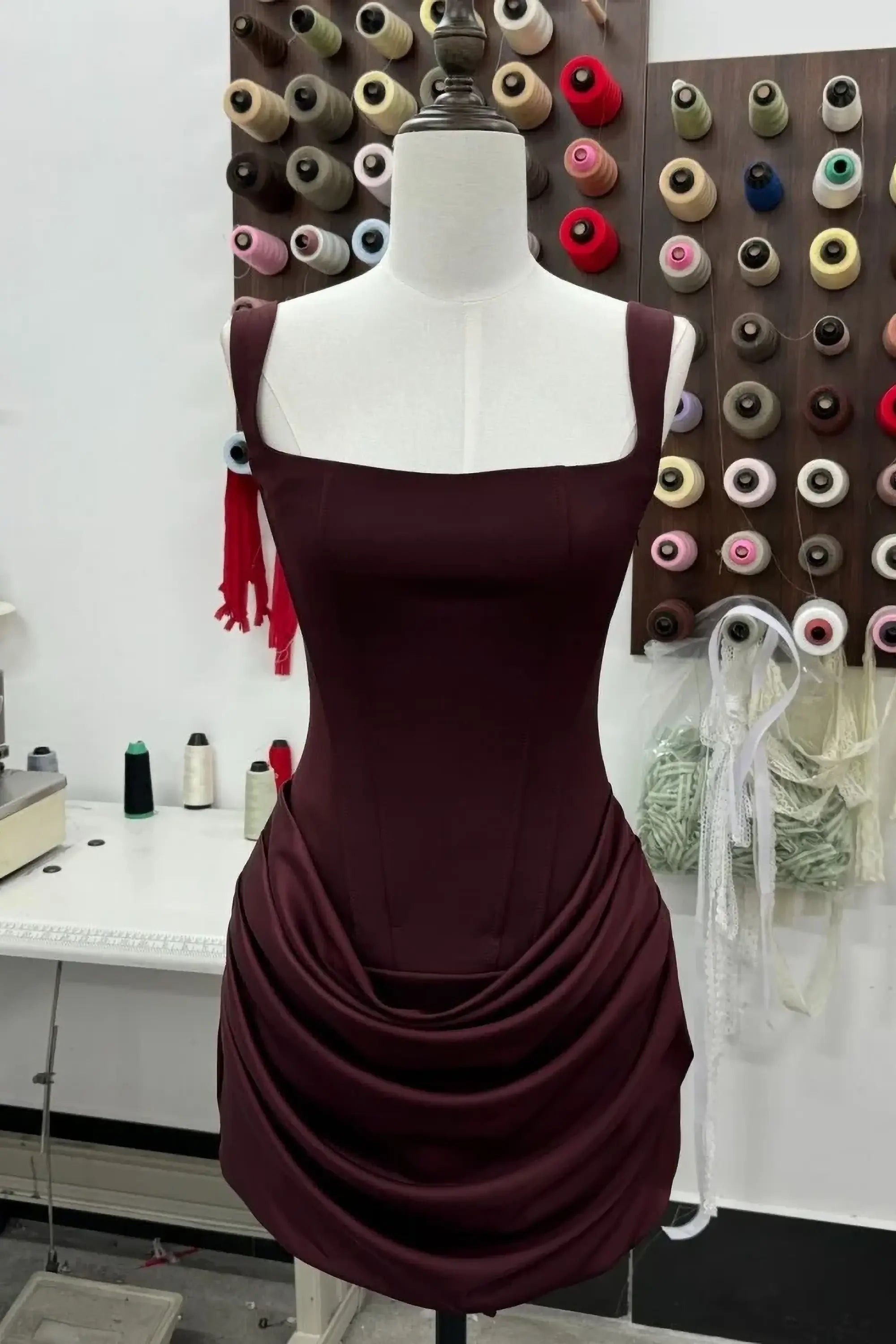 Burgundy Satin Corset Mini Dress With Lace Up Back Dress