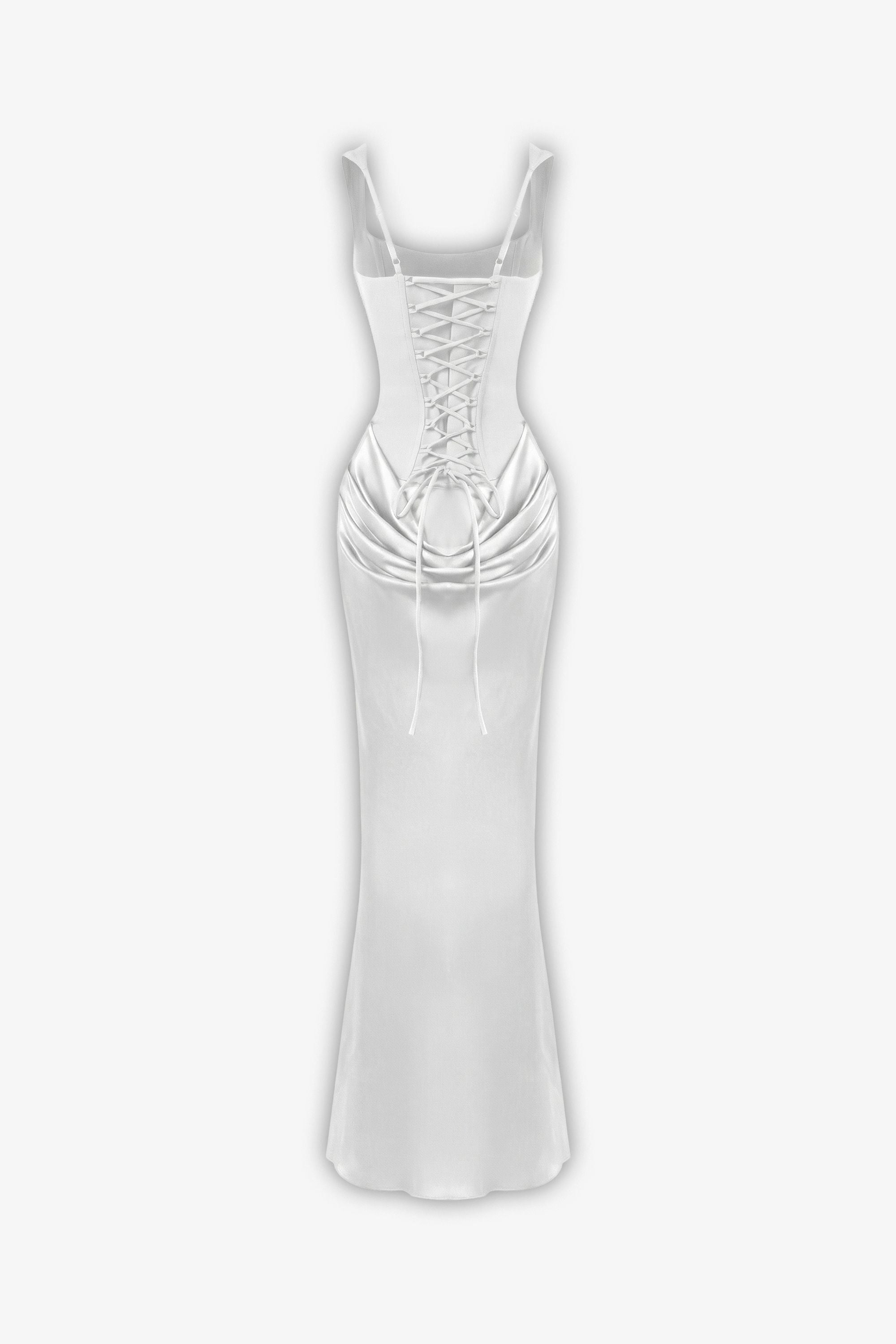 White Lace-up Satin Maxi Dress - Dress