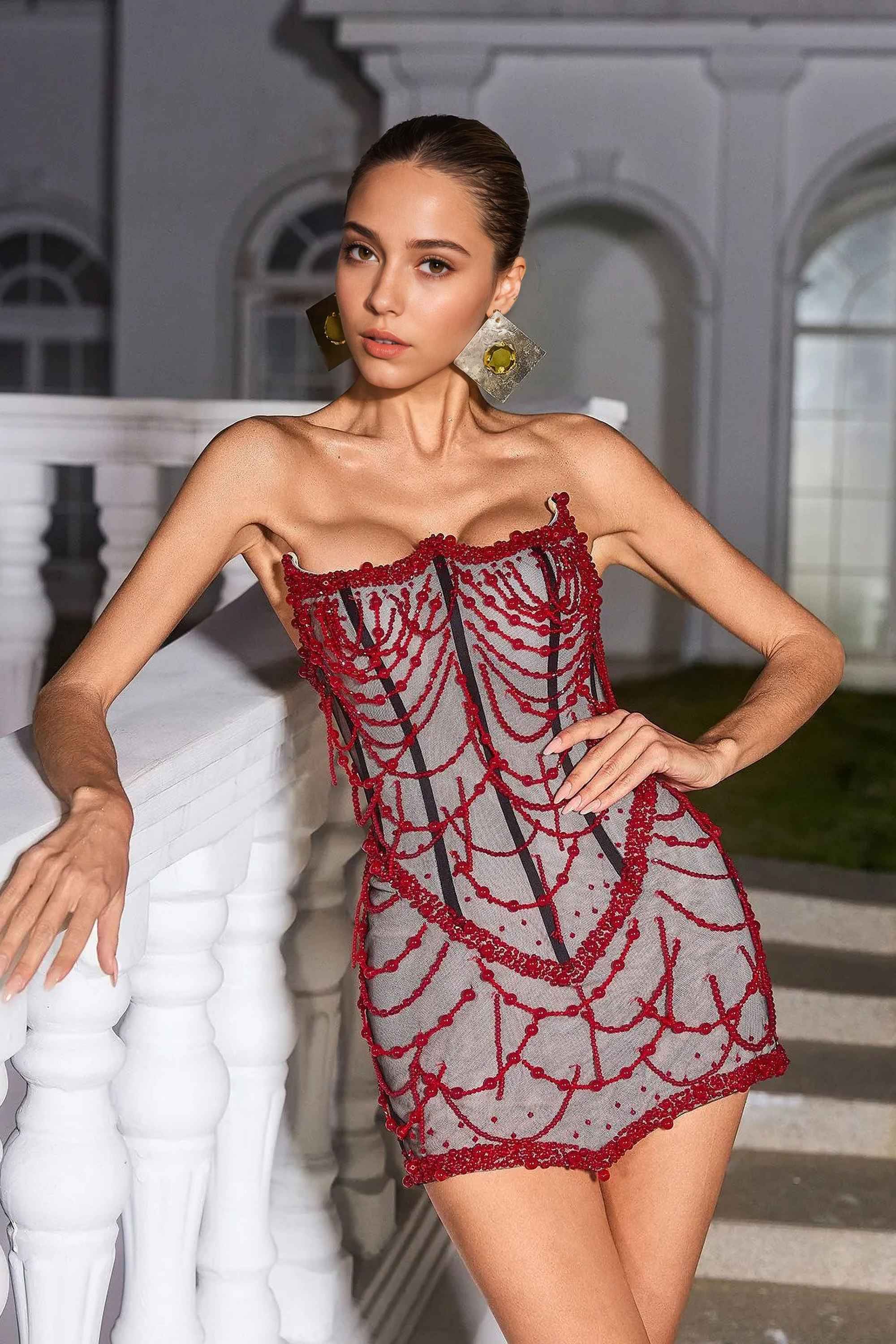 Red Beaded Sheer Corset Mini Dress Dress