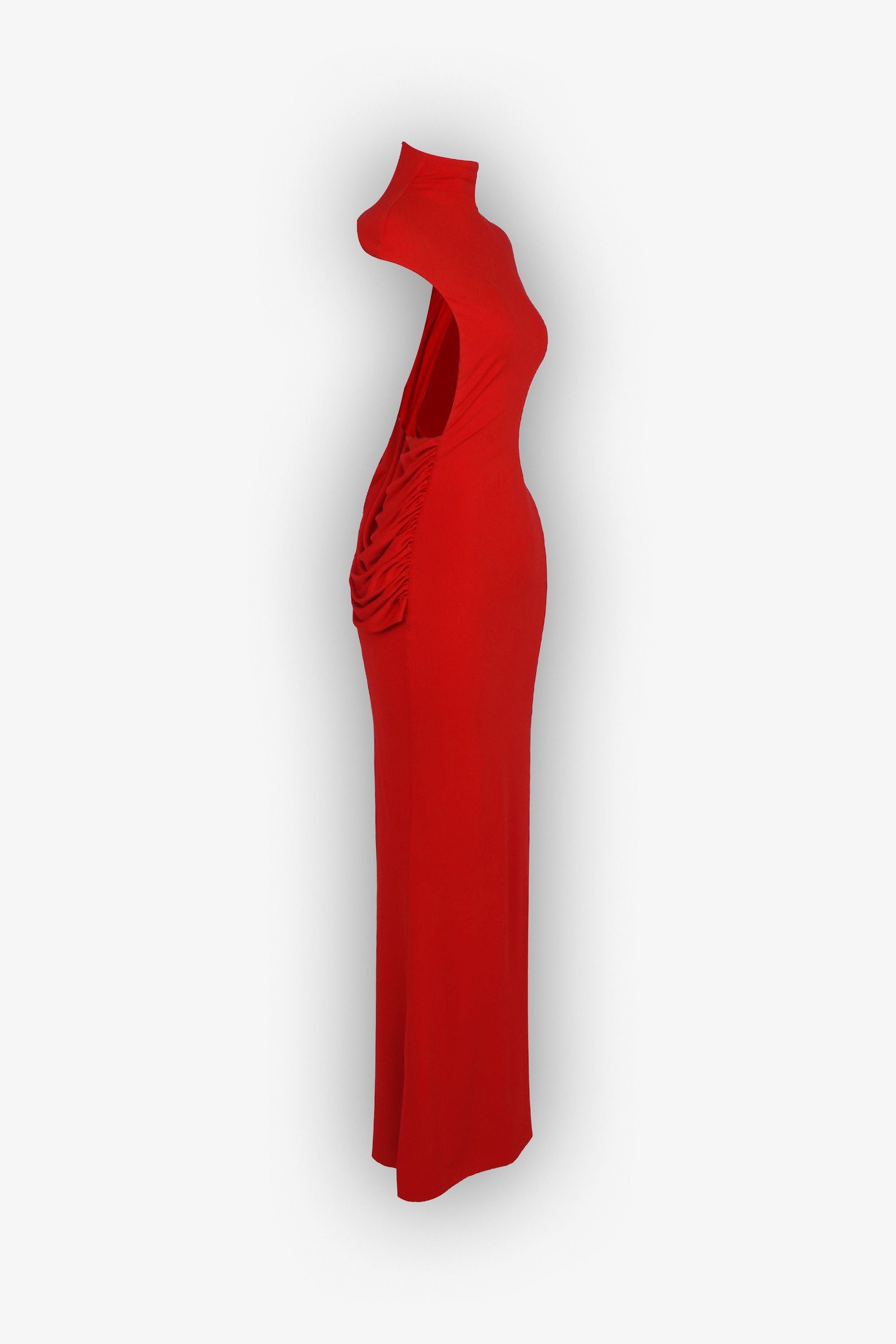 Red High Neck Open Back Draped Maxi Dress - Dress