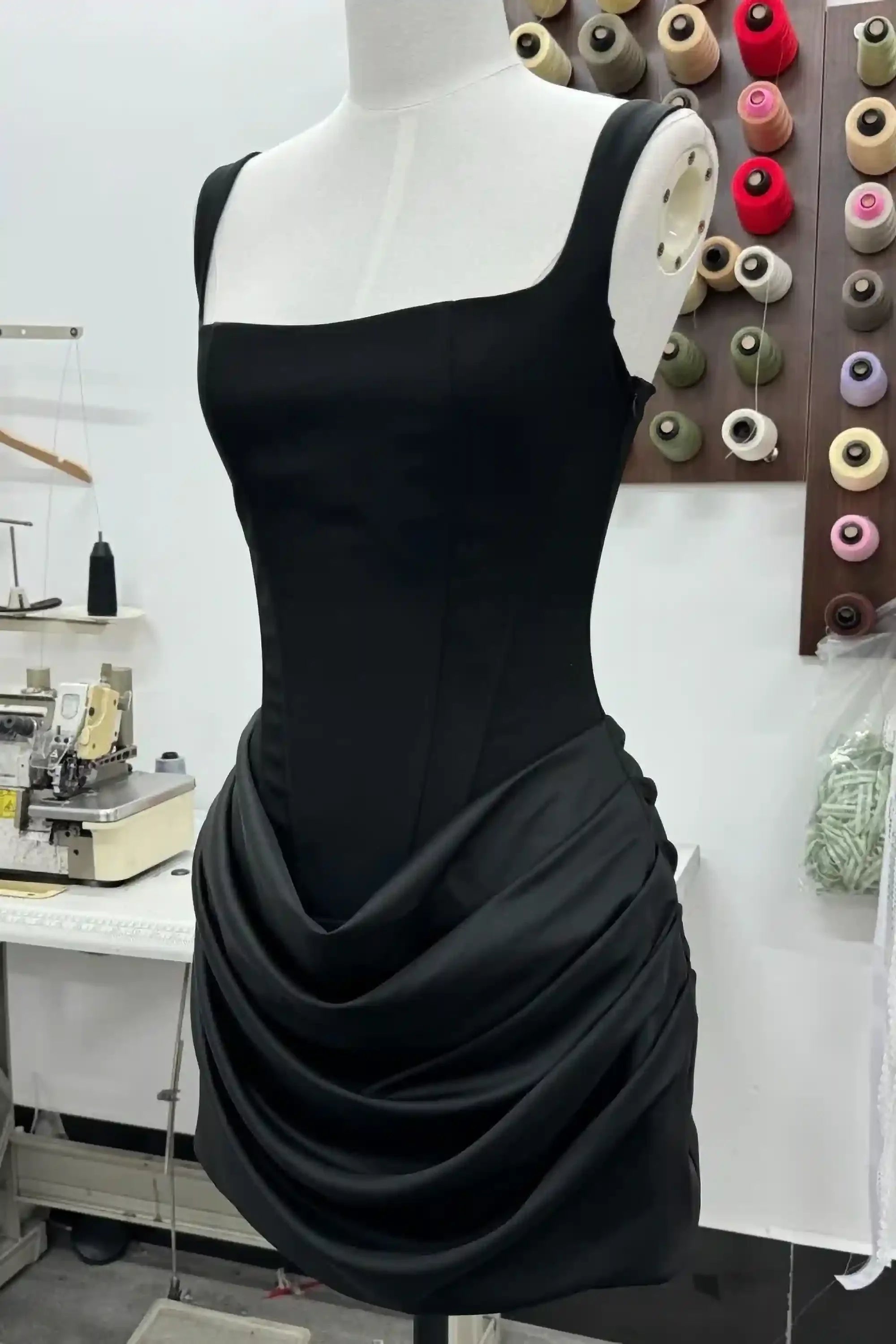 Black Satin Lace-Up Corset Mini Dress with Square Neck Dress