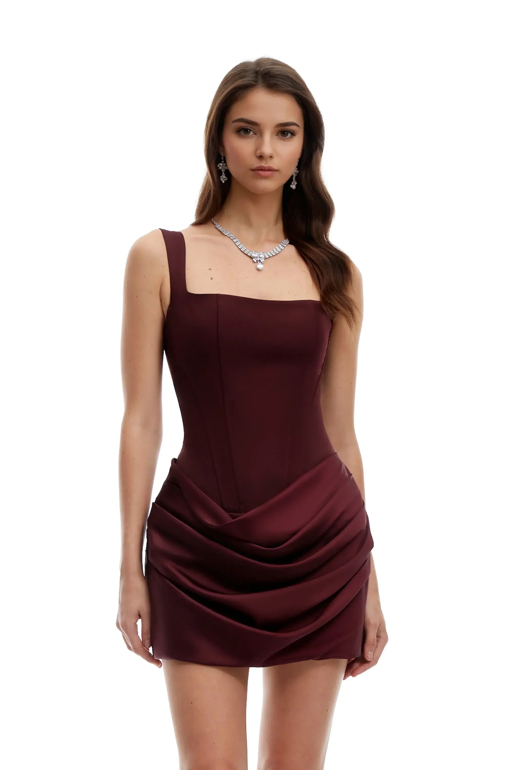 Burgundy Satin Corset Mini Dress With Lace Up Back Dress