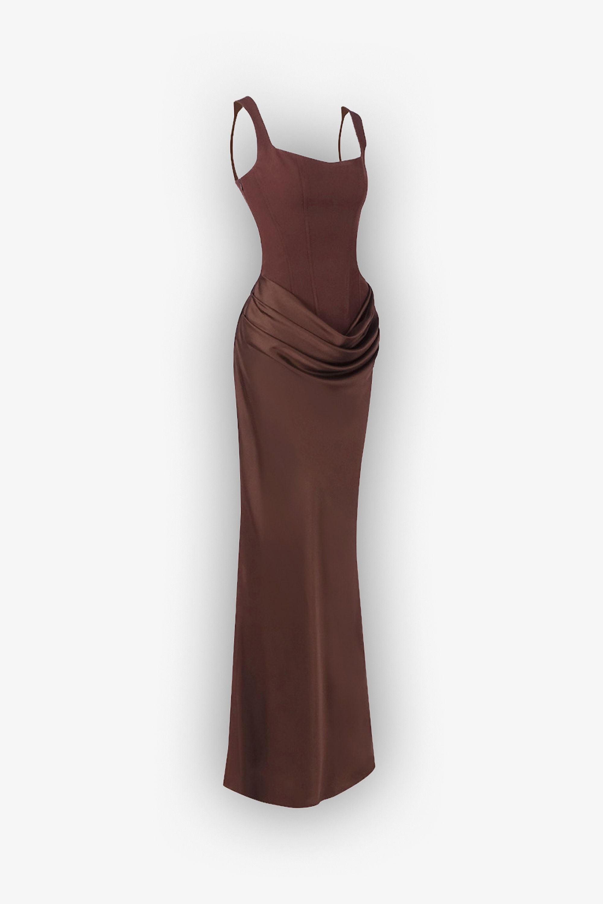 Brown Draped Satin Bustier Maxi Dress - Dress